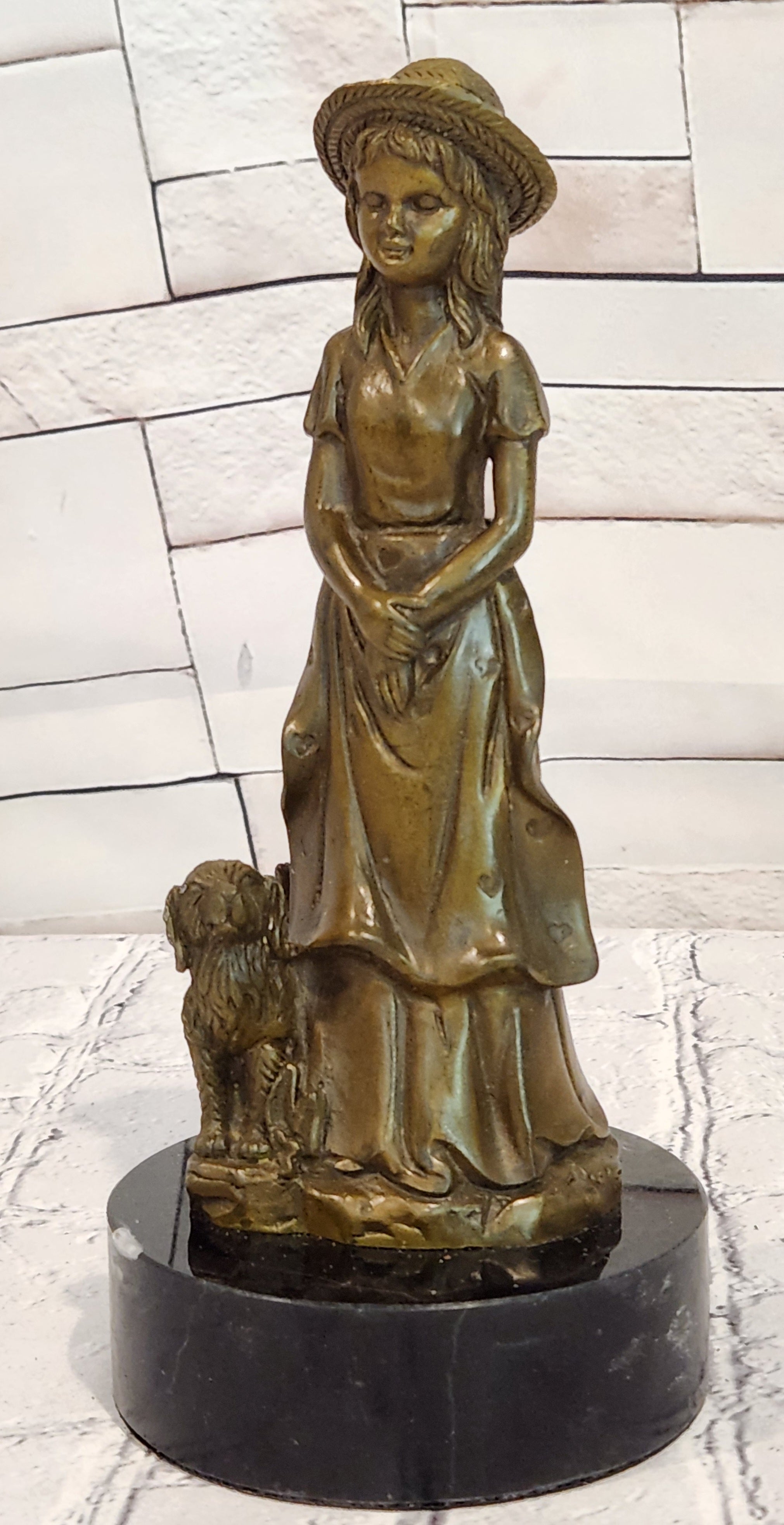 Bronze Victorian Woman with Loyal Dog Statue Signed M Lopez Decorative Art Piece