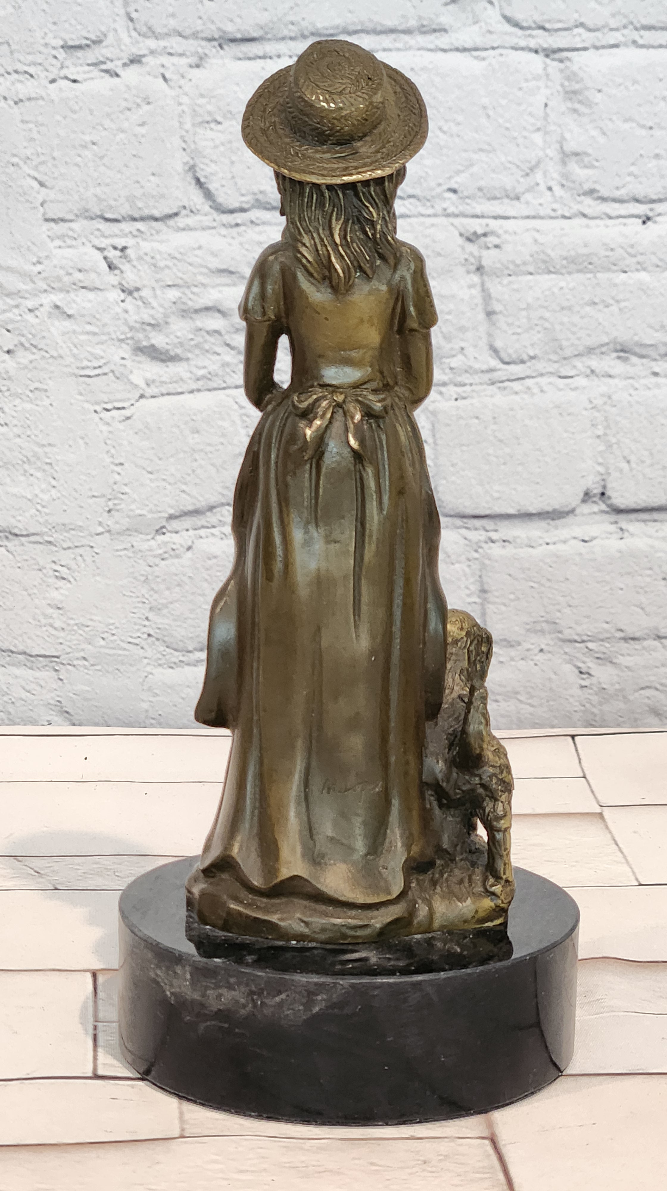 Bronze Victorian Woman with Loyal Dog Statue Signed M Lopez Decorative Art Piece