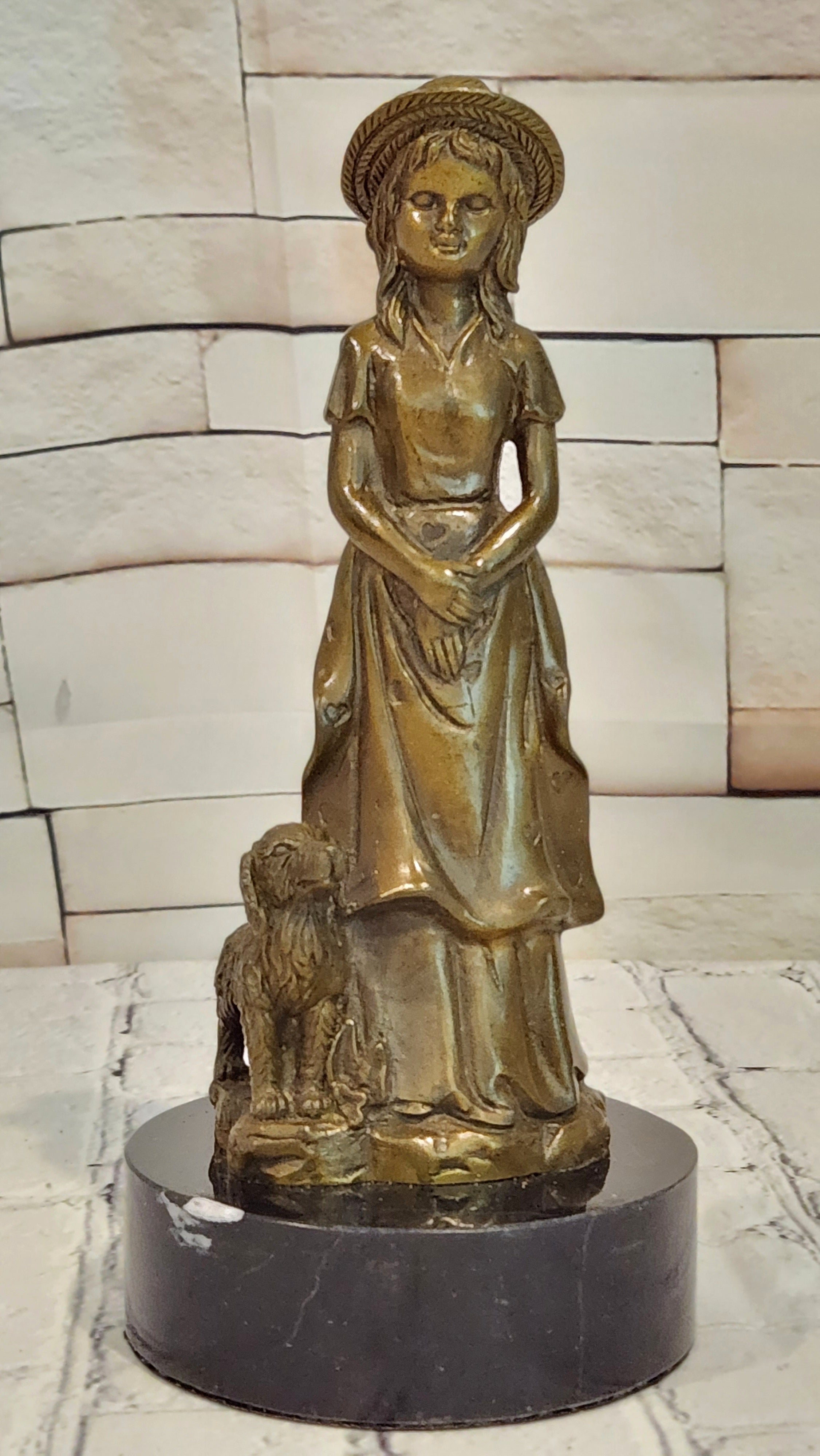 Bronze Victorian Woman with Loyal Dog Statue Signed M Lopez Decorative Art Piece