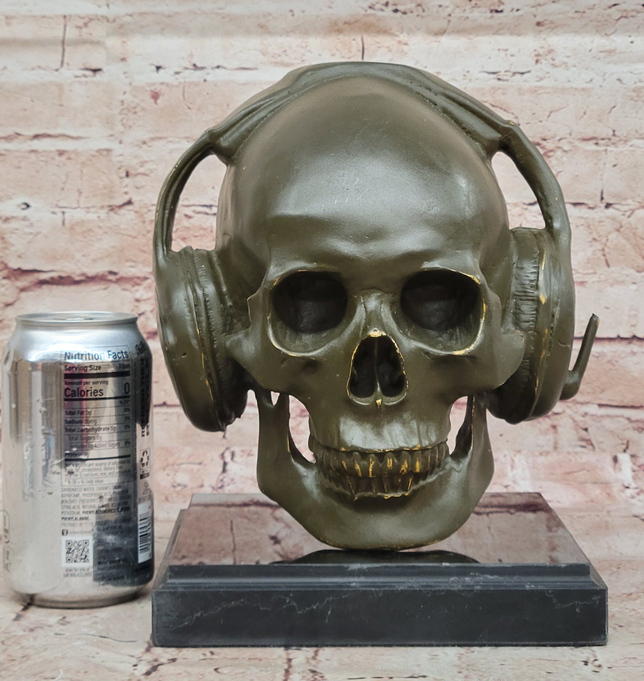Skull With Headphones Bronze Sculpture Signed Lopez Halloween Decor Music Artwork
