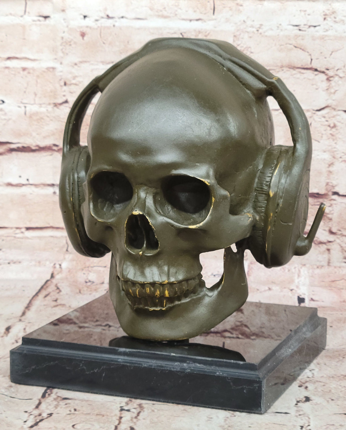 Skull With Headphones Bronze Sculpture Signed Lopez Halloween Decor Music Artwork
