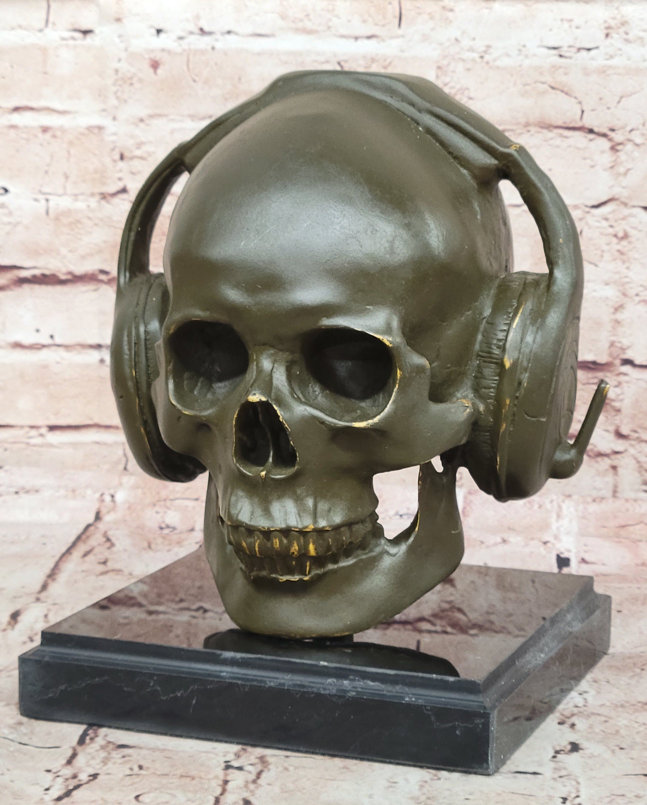 Skull With Headphones Bronze Sculpture Signed Lopez Halloween Decor Music Artwork