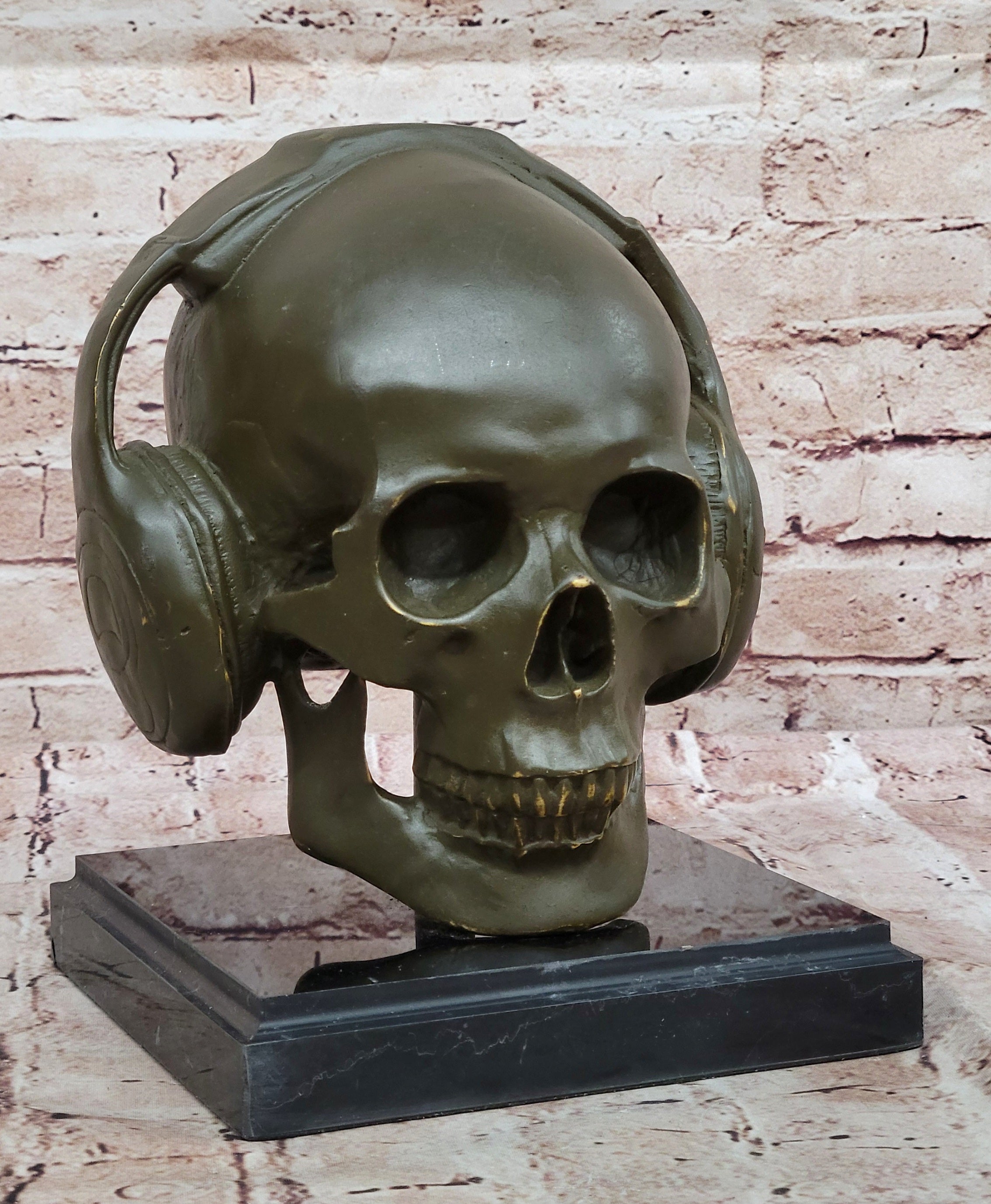 Skull With Headphones Bronze Sculpture Signed Lopez Halloween Decor Music Artwork