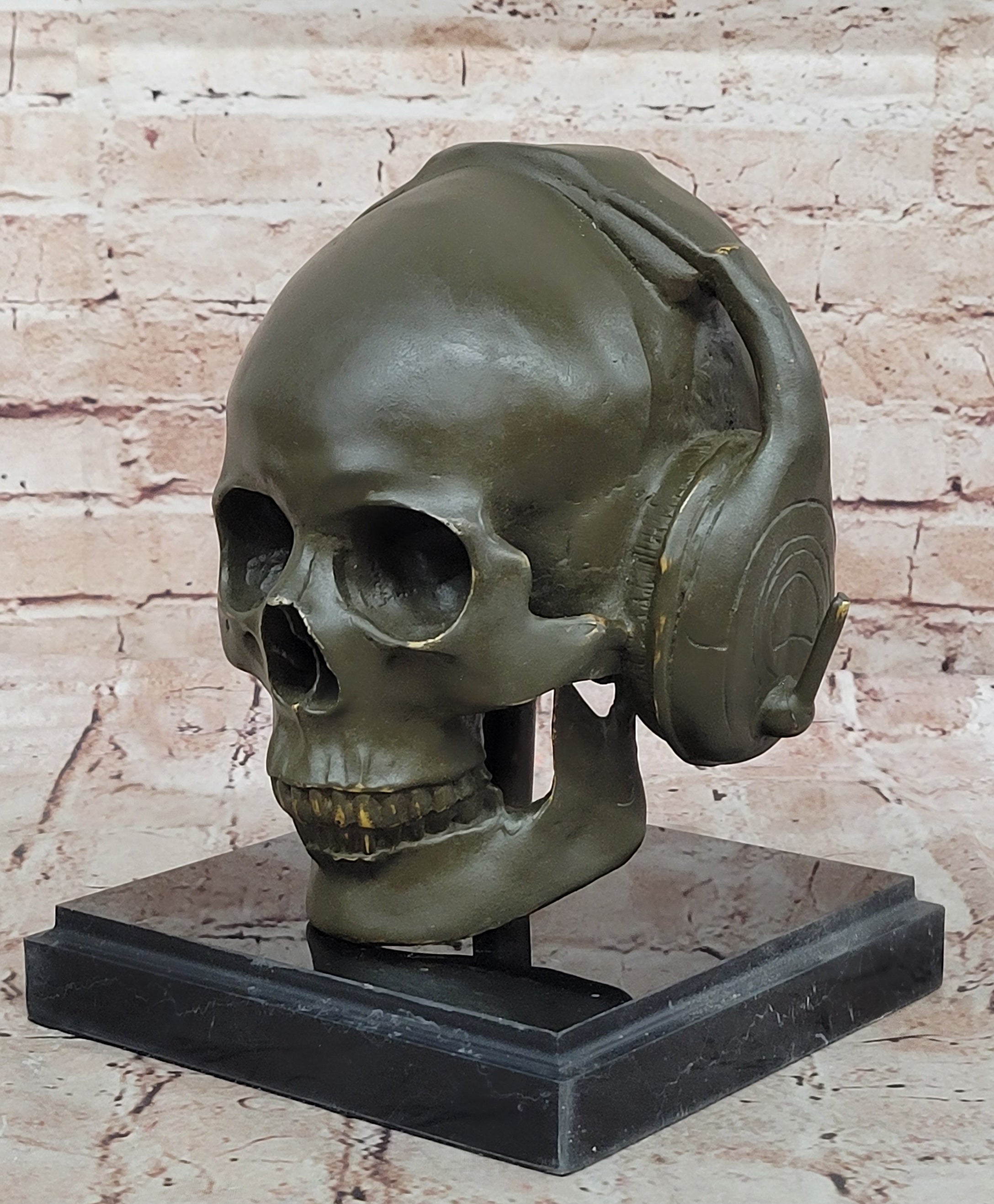 Skull With Headphones Bronze Sculpture Signed Lopez Halloween Decor Music Artwork