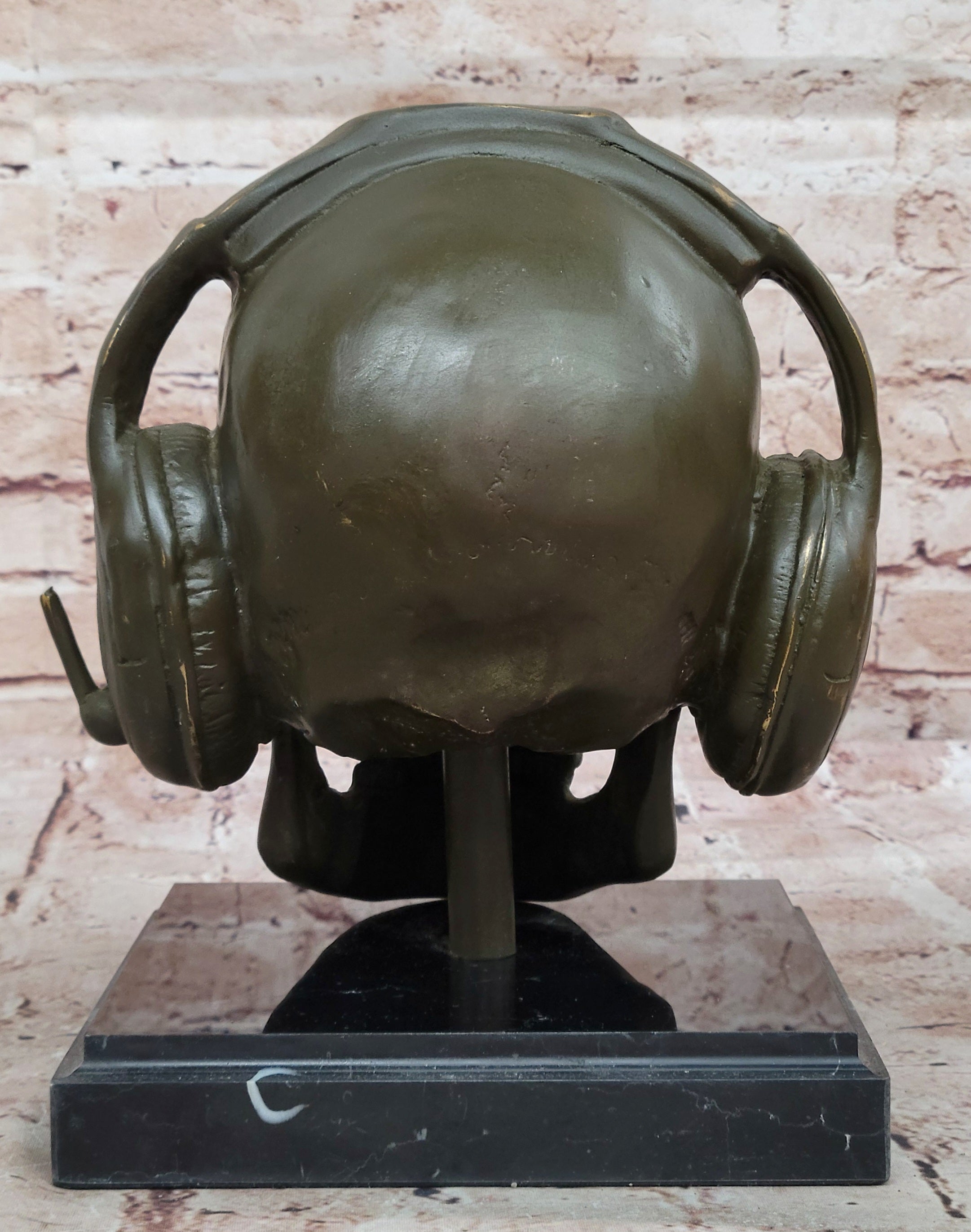 Skull With Headphones Bronze Sculpture Signed Lopez Halloween Decor Music Artwork