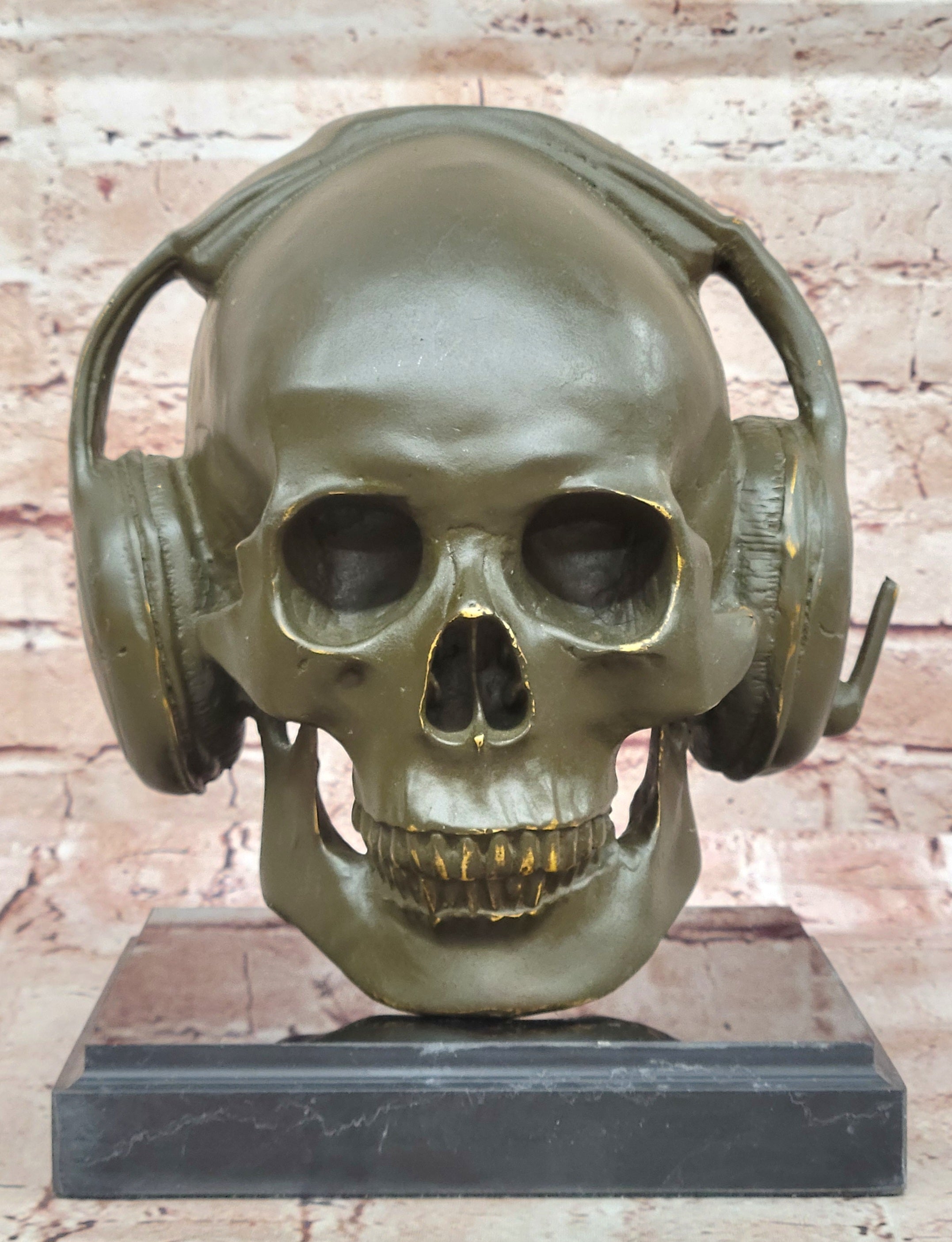 Skull With Headphones Bronze Sculpture Signed Lopez Halloween Decor Music Artwork