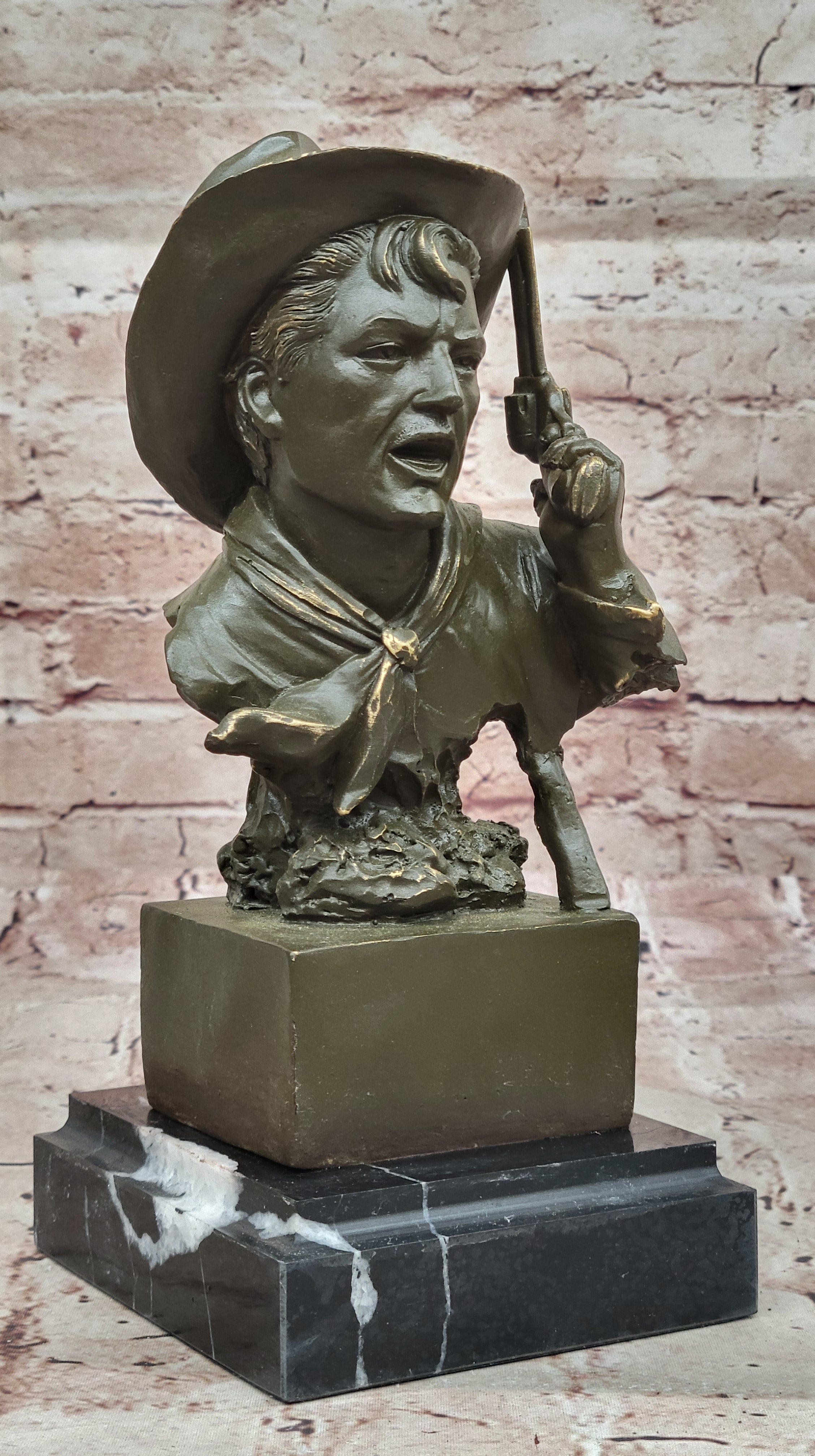 Hand Made Cowboy with Revolver Bronze Statue Sculpture Kamiko Bust Home Office Decor Figure