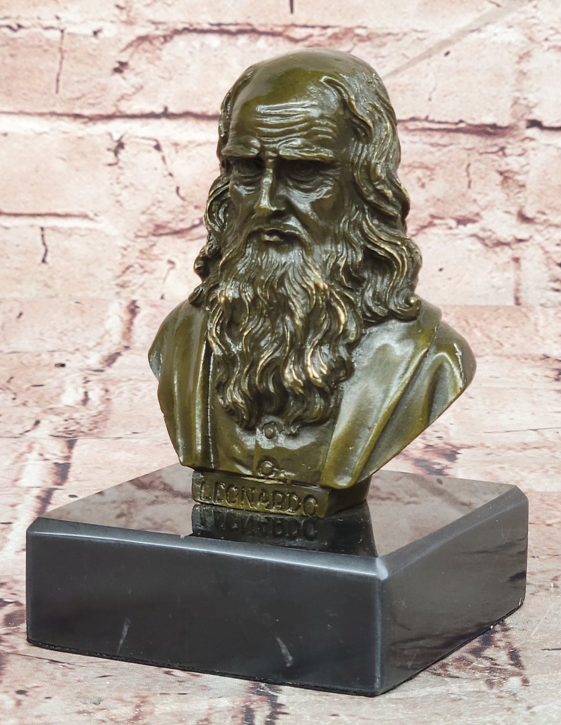 Leonardo da Vinci Bronze Bust Figurine Fisher Signed Master Painter Sculpture Decor