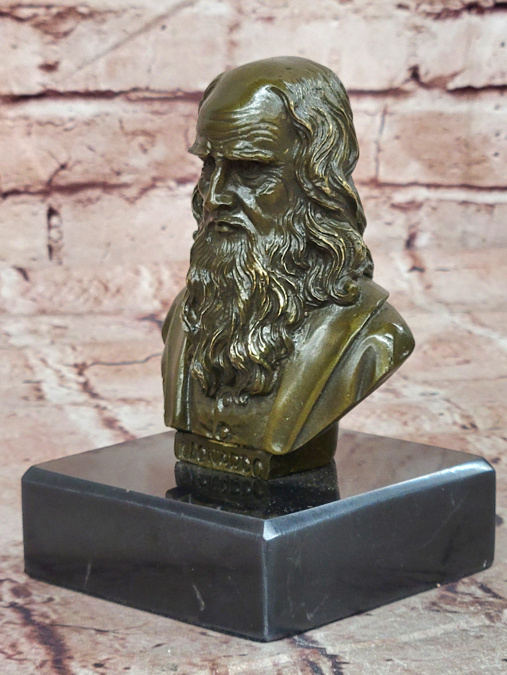 Leonardo da Vinci Bronze Bust Figurine Fisher Signed Master Painter Sculpture Decor