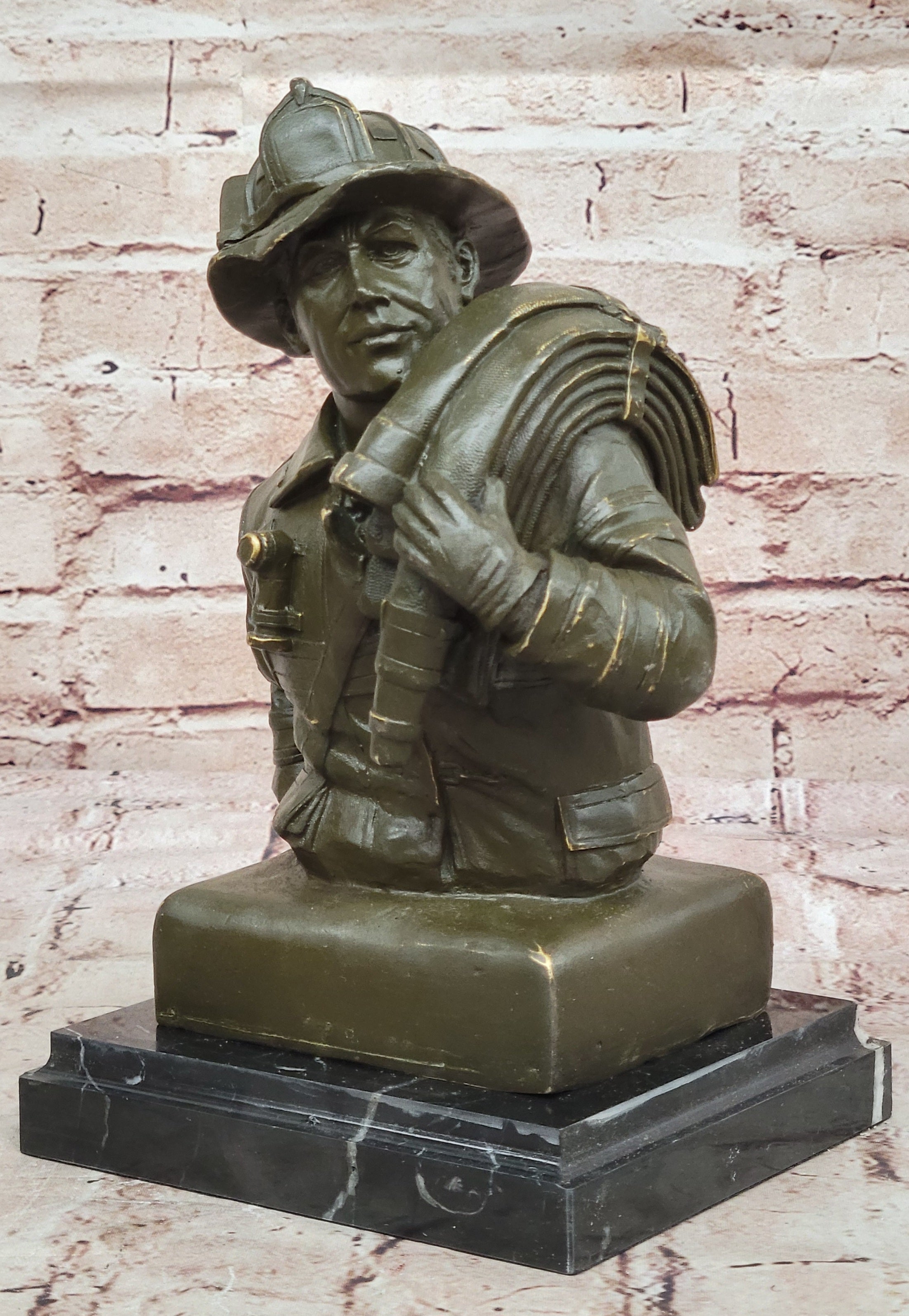 Limited Edition Bronze Fireman with Hose by Fisher Signed and Numbered Firefighter Statue