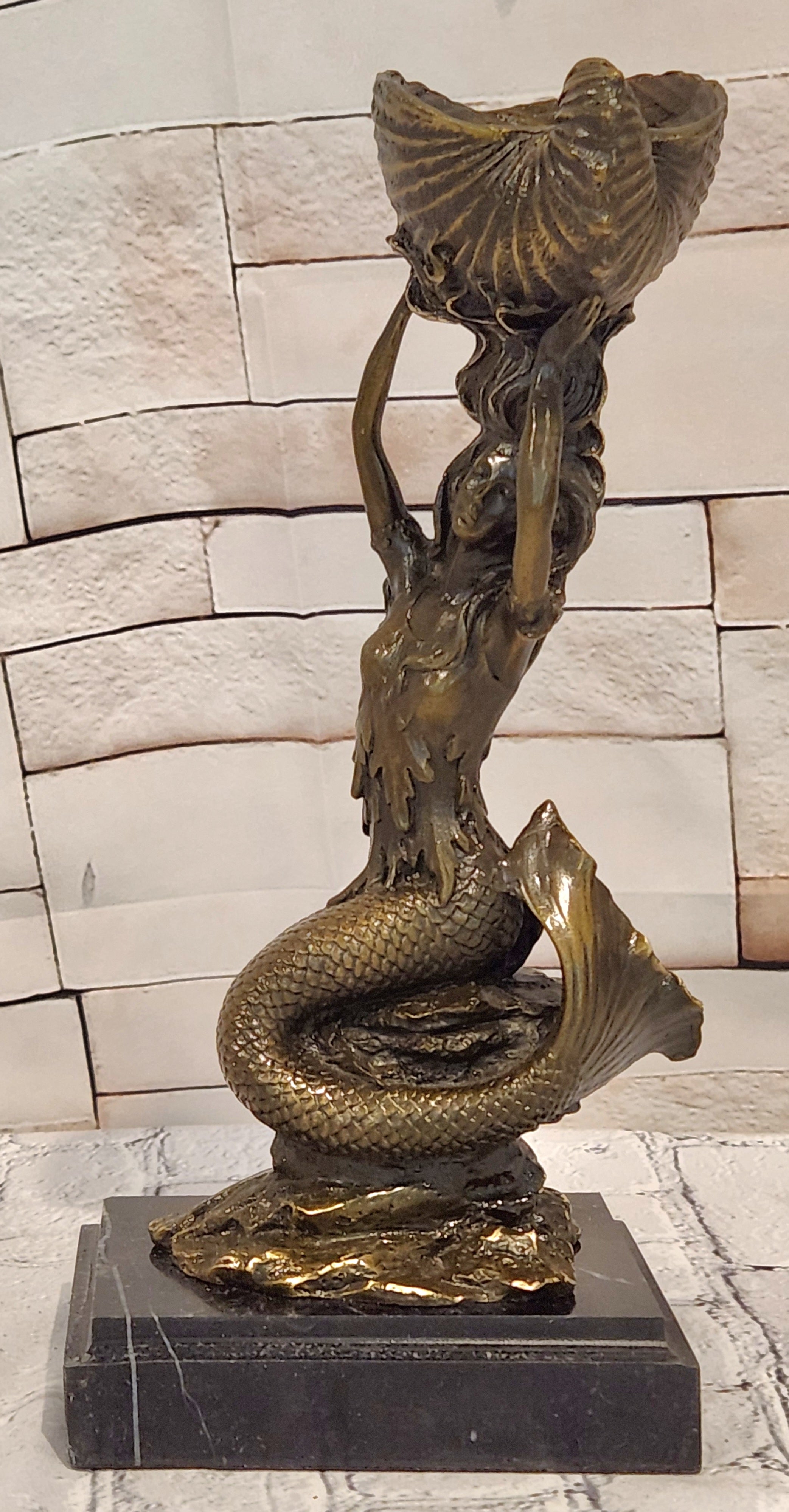 Signed Annie Mermaid Bronze Candle Holder Sculpture Elegant Mythical Decor