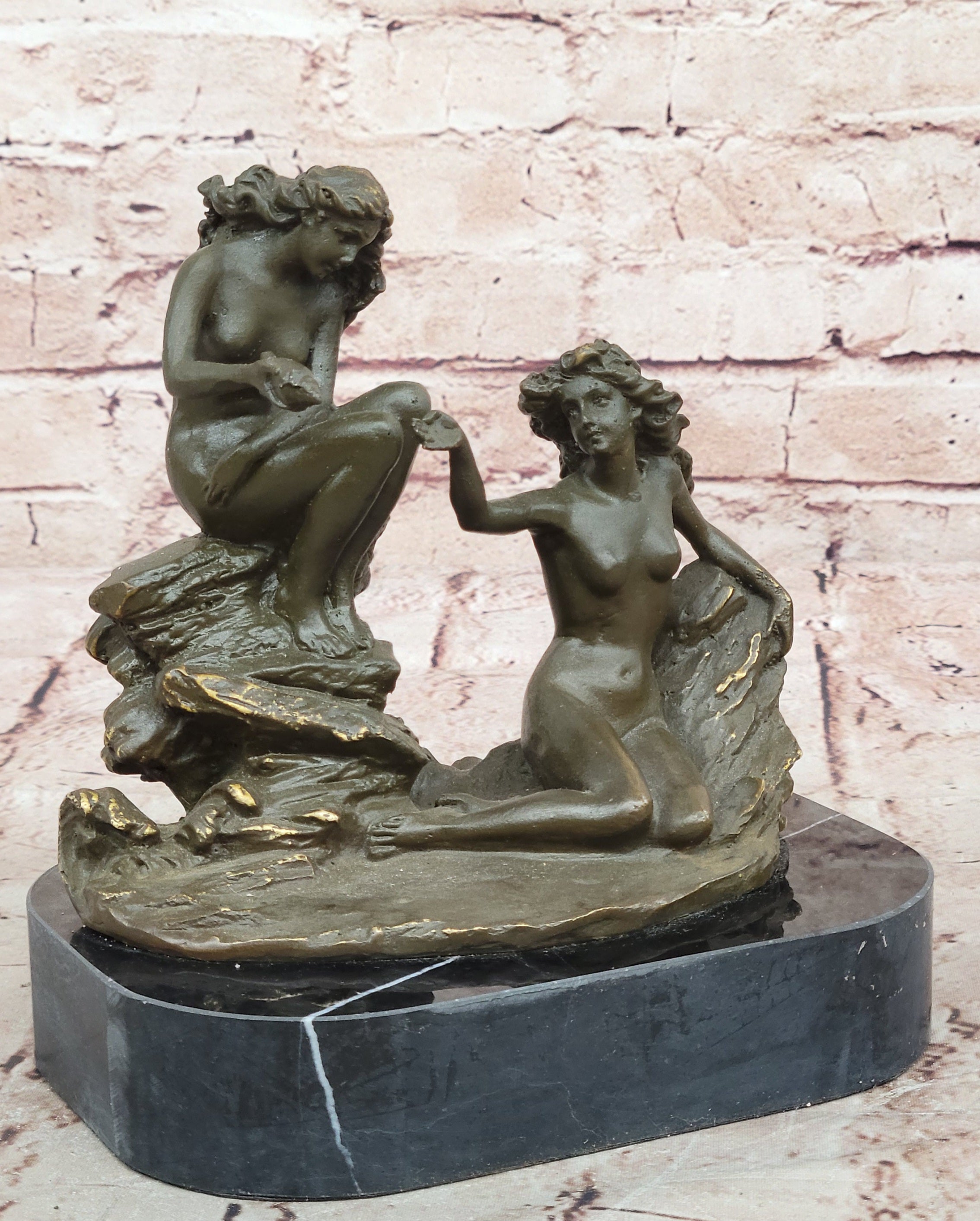 Erotic Bronze Sculpture Statue of Mythical Nude Nymph Girls Resting on Rocky Base Figurine