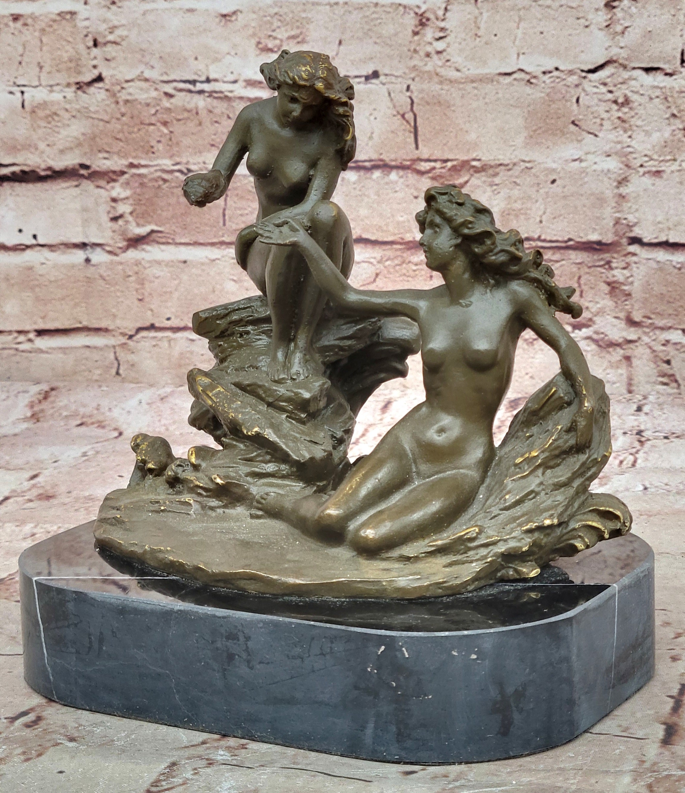 Erotic Bronze Sculpture Statue of Mythical Nude Nymph Girls Resting on Rocky Base Figurine