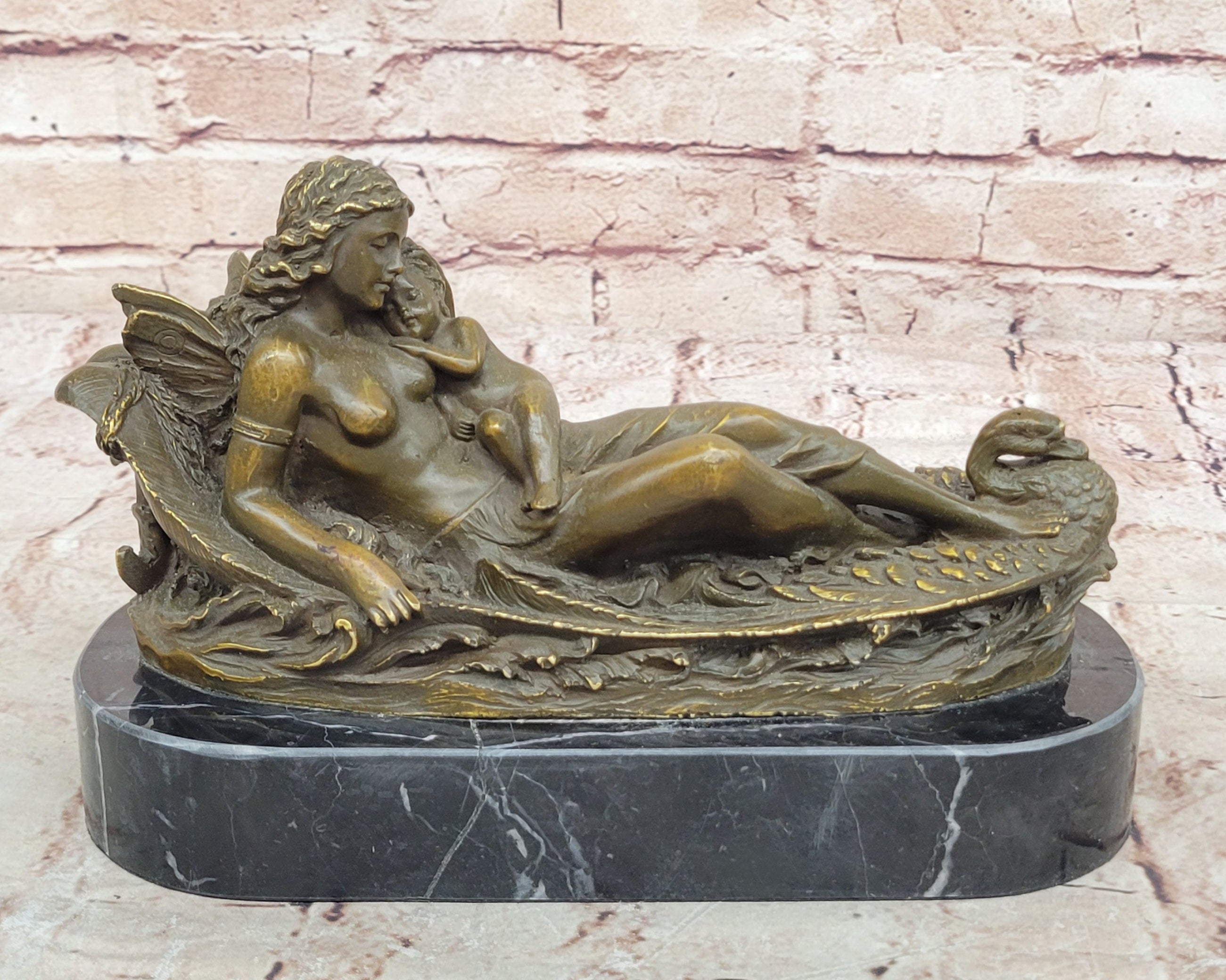 Bronze Sculpture Statue of Seated Winged Goddess with Child Mythology Home Decor