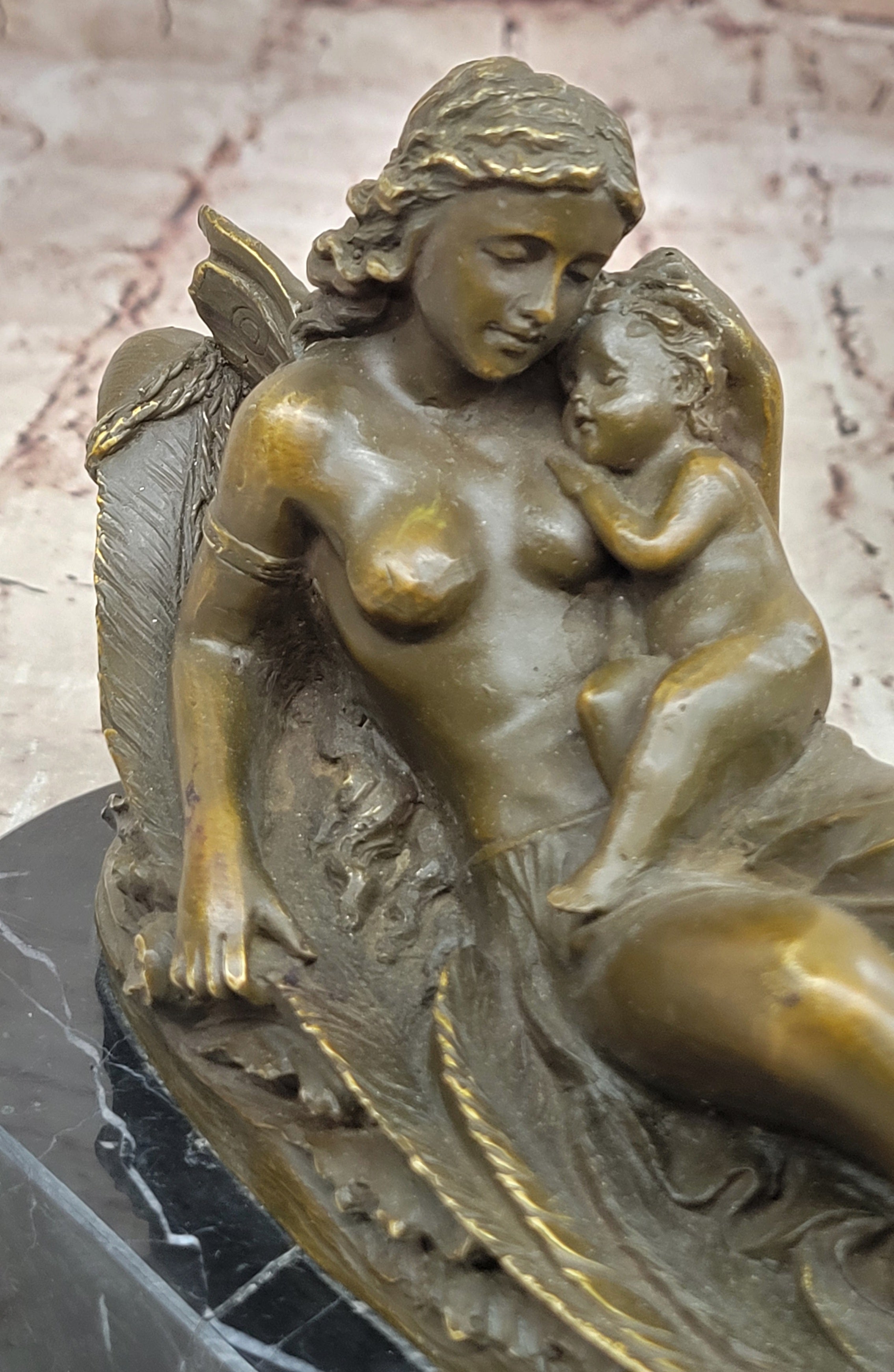 Bronze Sculpture Statue of Seated Winged Goddess with Child Mythology Home Decor