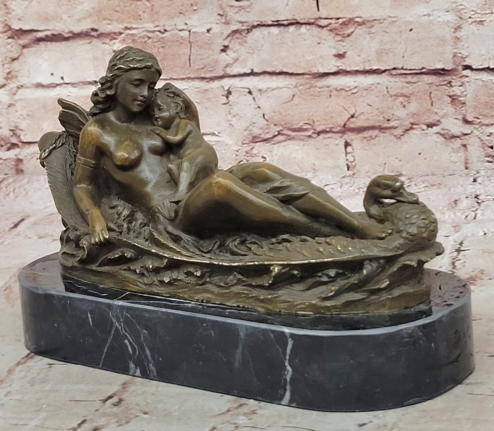 Bronze Sculpture Statue of Seated Winged Goddess with Child Mythology Home Decor