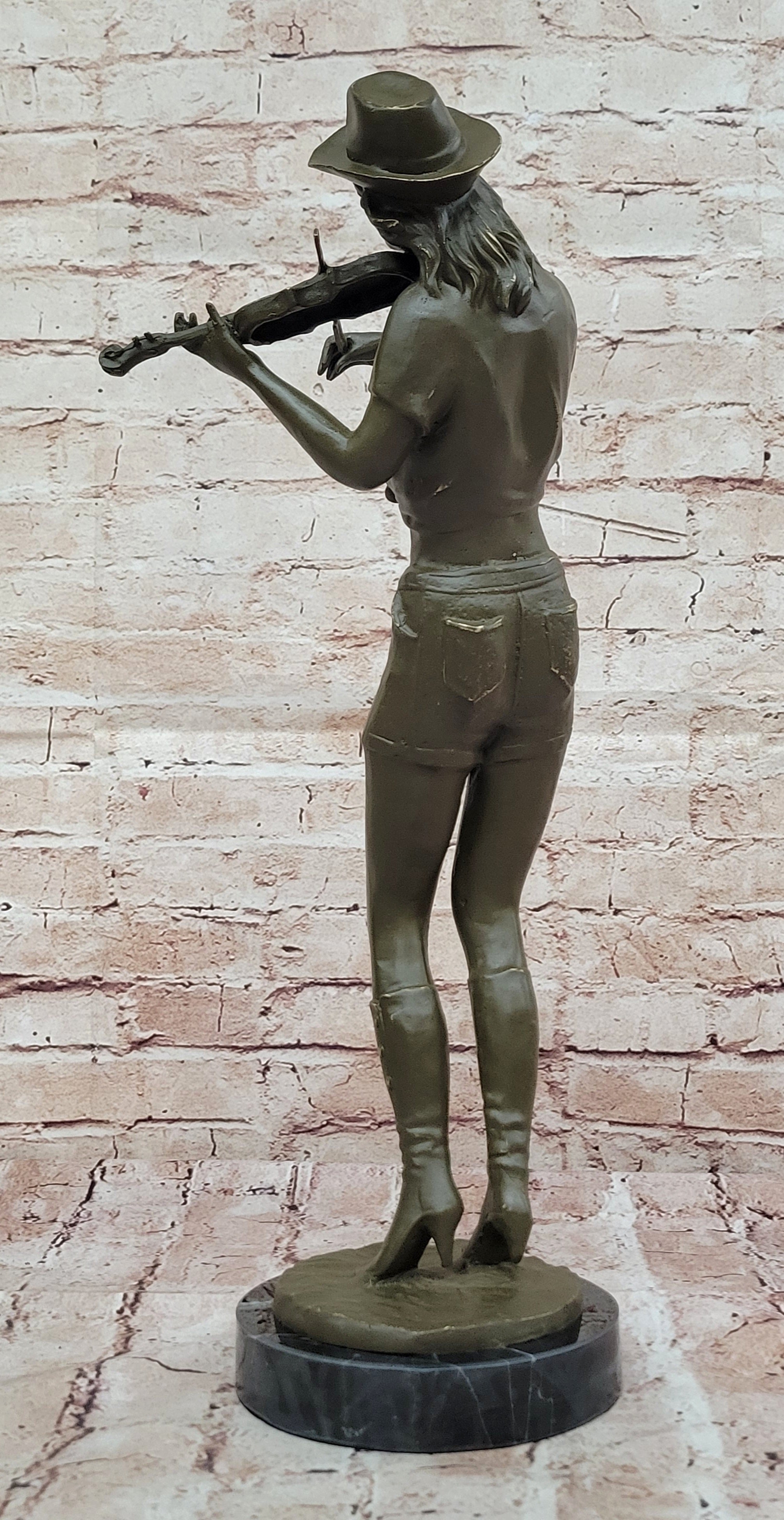 Western Cowgirl Playing Violin Bronze Statue – Handmade Music Lover Figurine