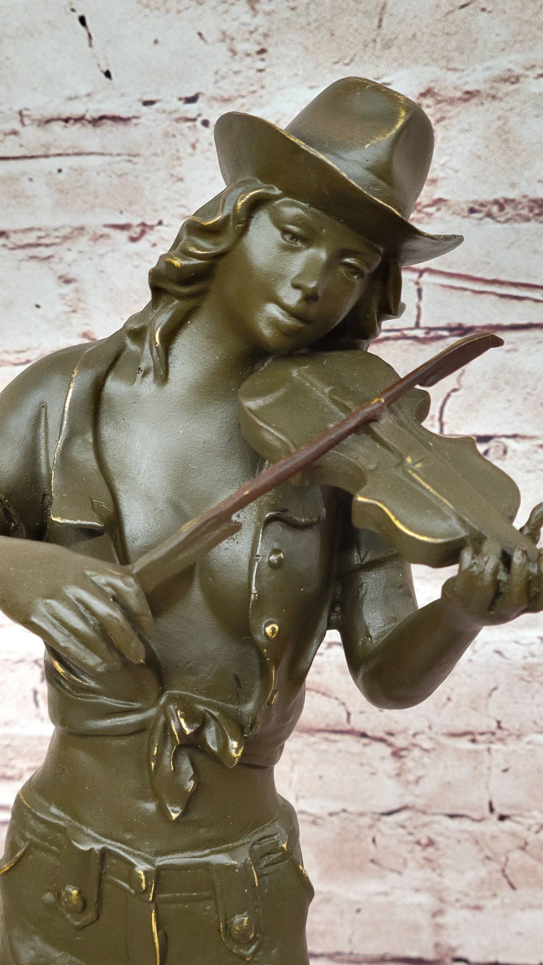 Western Cowgirl Playing Violin Bronze Statue – Handmade Music Lover Figurine