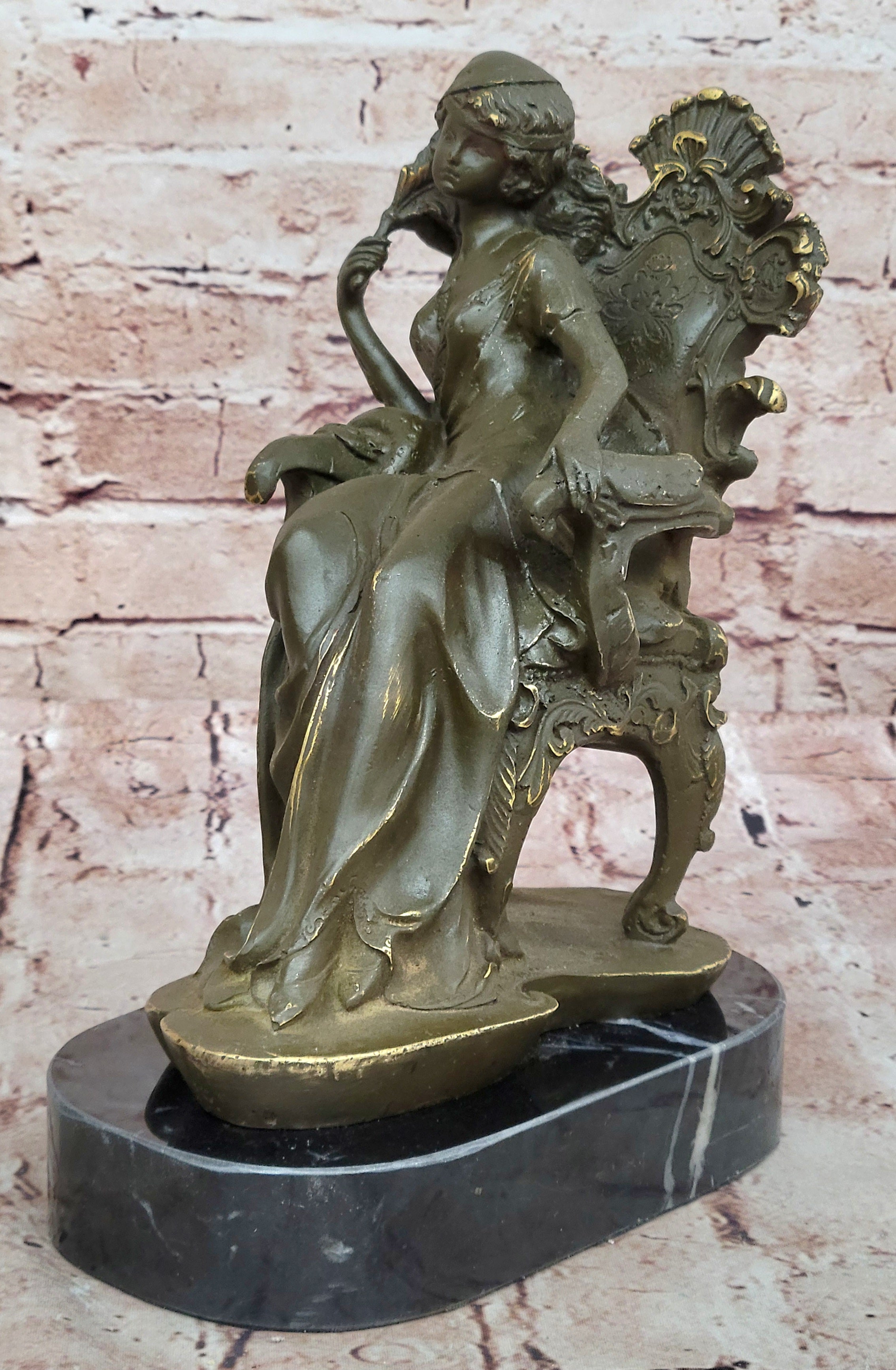 Art Nouveau Girl on Chair Bronze Statue Cesaro Signed Hand Made Figurine Decor
