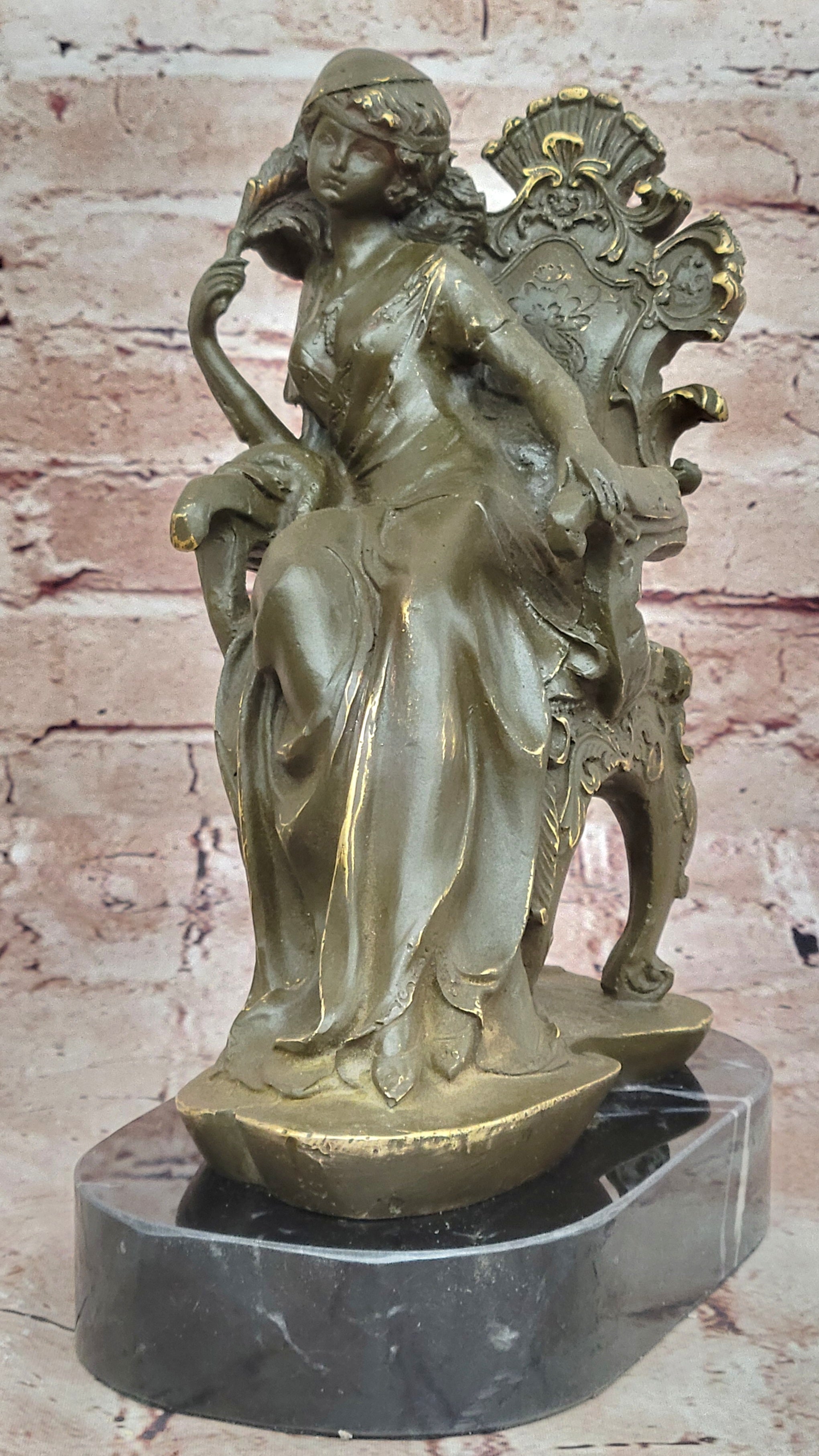 Art Nouveau Girl on Chair Bronze Statue Cesaro Signed Hand Made Figurine Decor