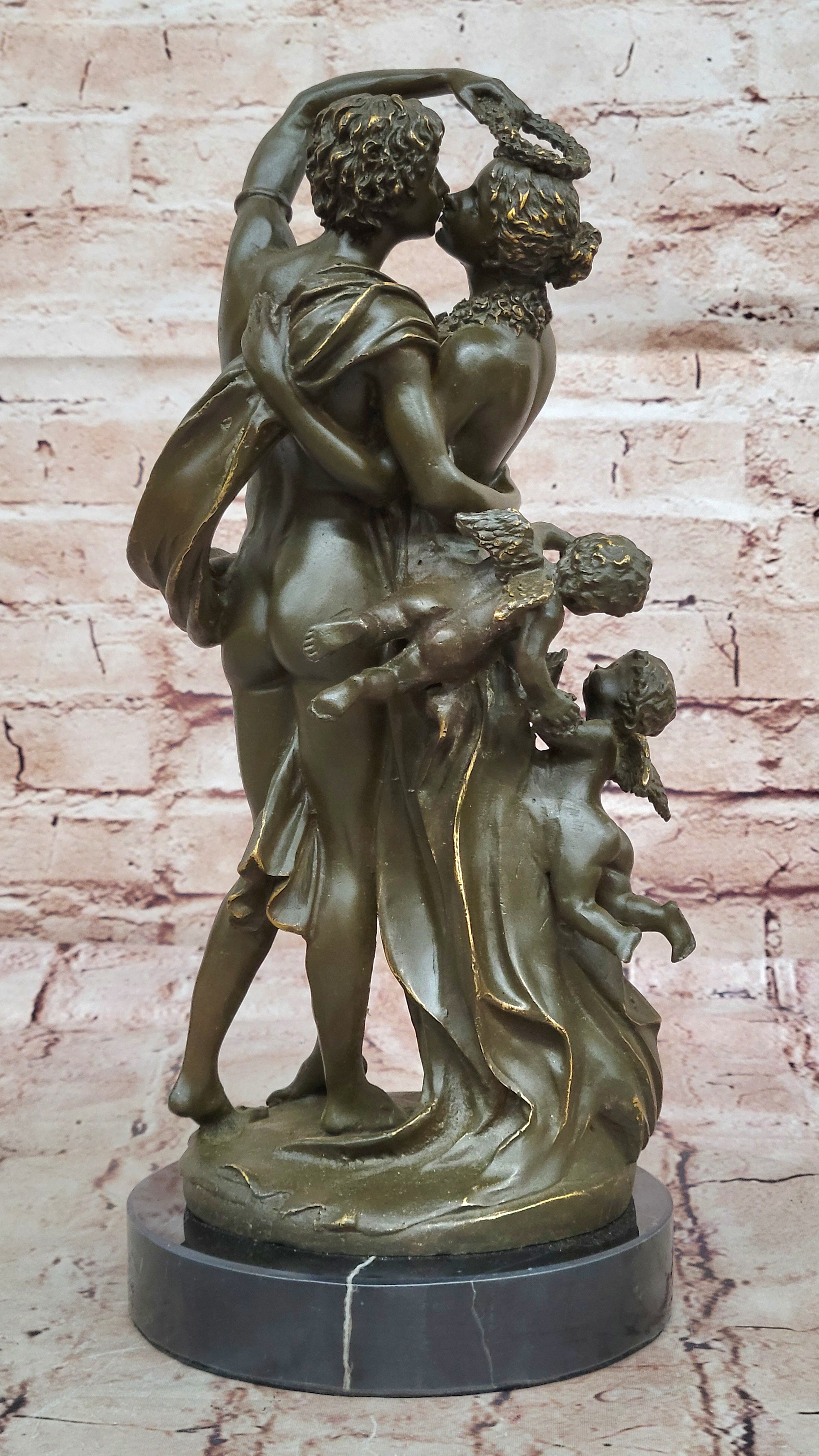 Limited Edition Bronze Statue by Milo of Adam and Eve with Baby Angel Heaven Figurine
