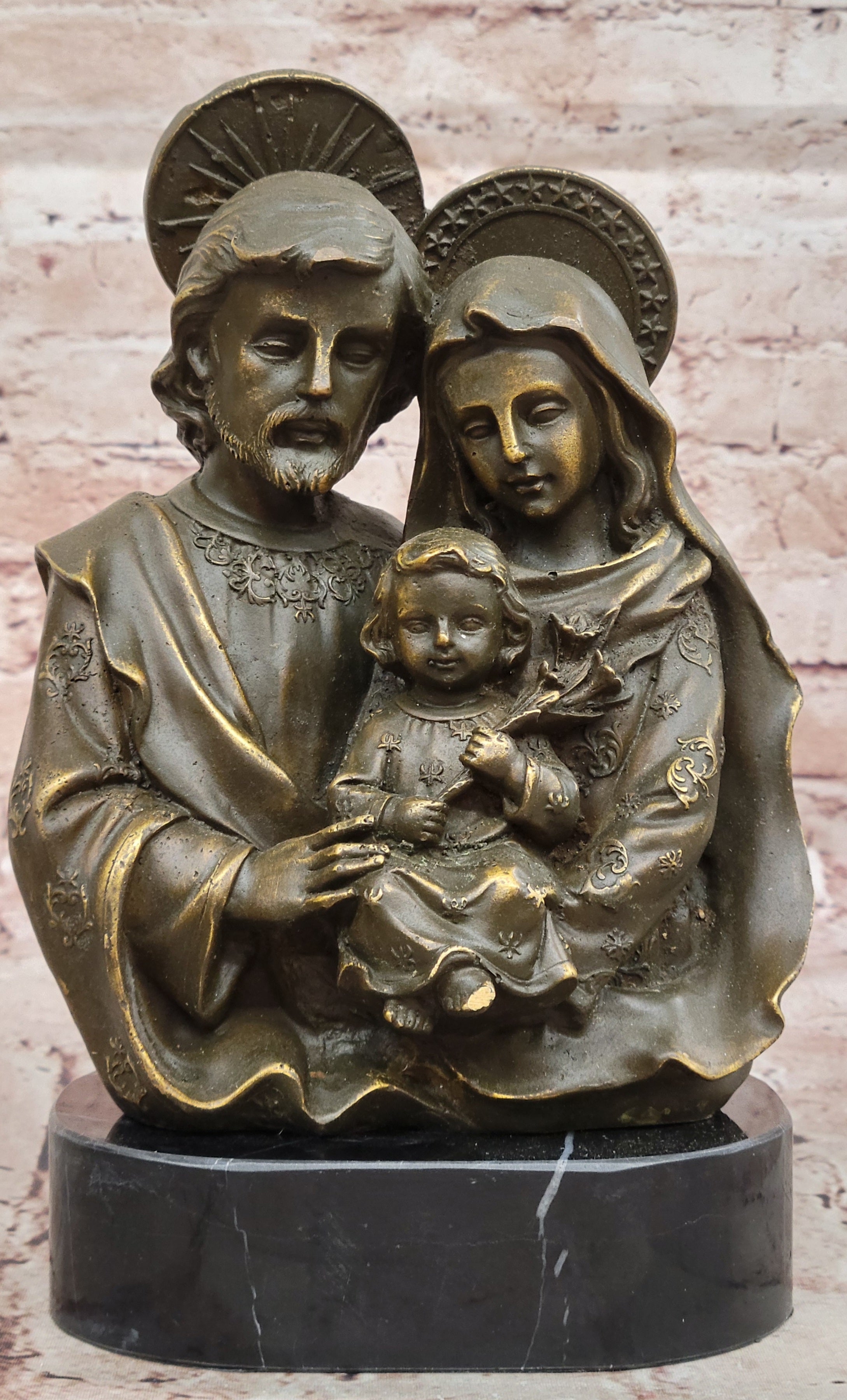 Collectible Bronze Sculpture Holy Family Statue Signed Valli Catholic Christian Art