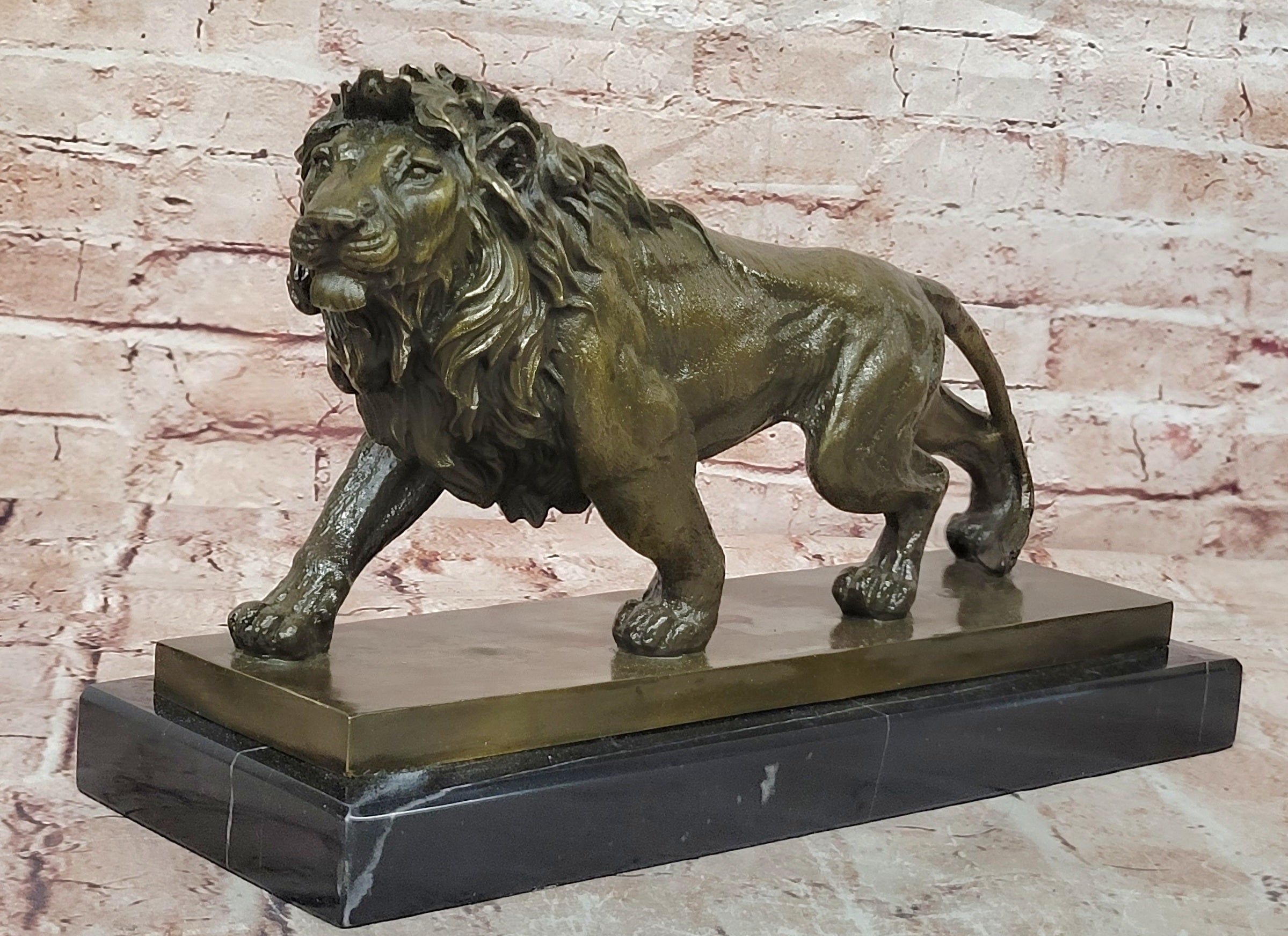 Bronze Wildlife Lion Sculpture Signed Barye Fine Art Collectible Statue