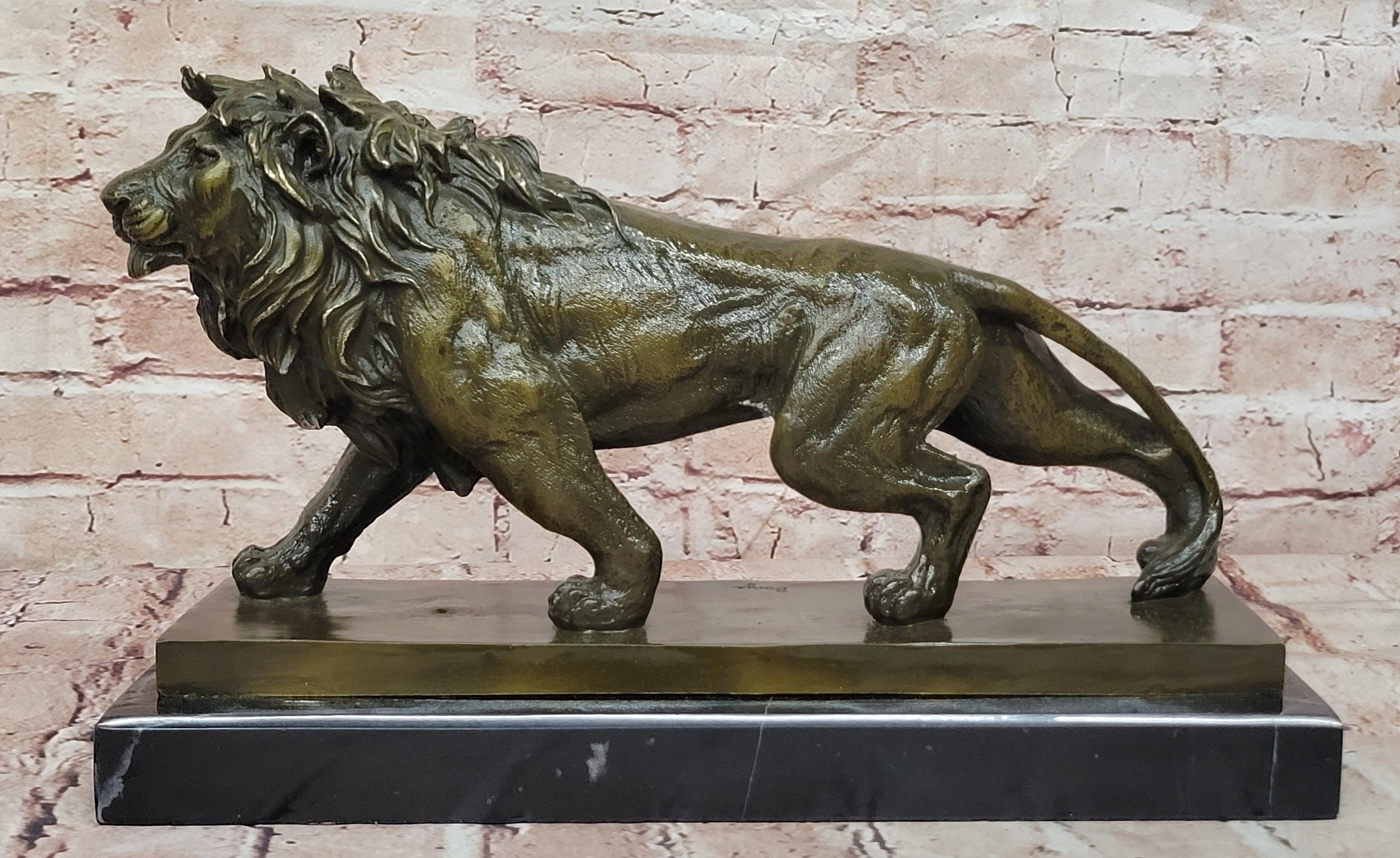 Bronze Wildlife Lion Sculpture Signed Barye Fine Art Collectible Statue