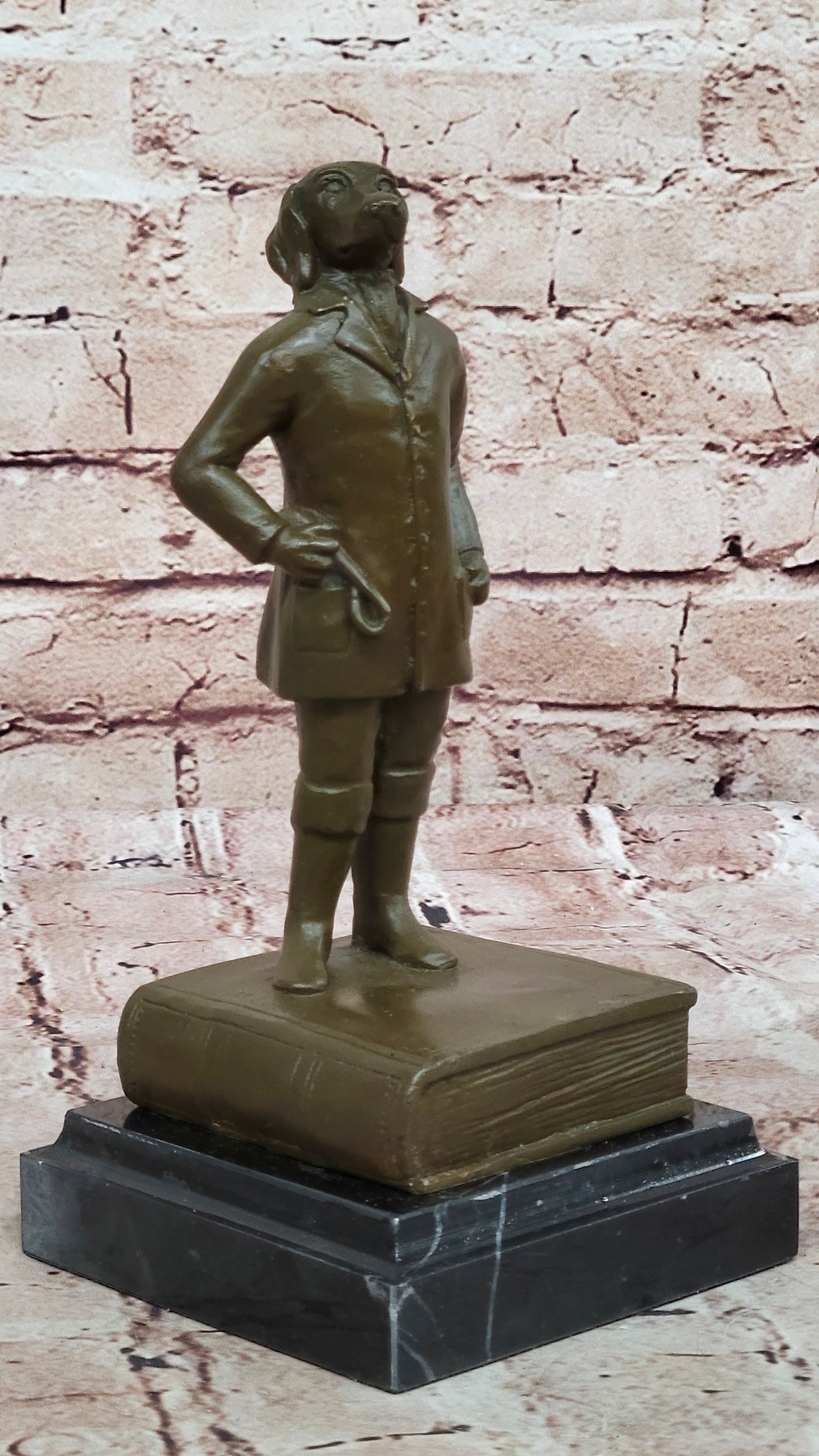 M Lopez Signed Bronze Sculpture Man Dog Head Statue Surreal Figurine Home Decor