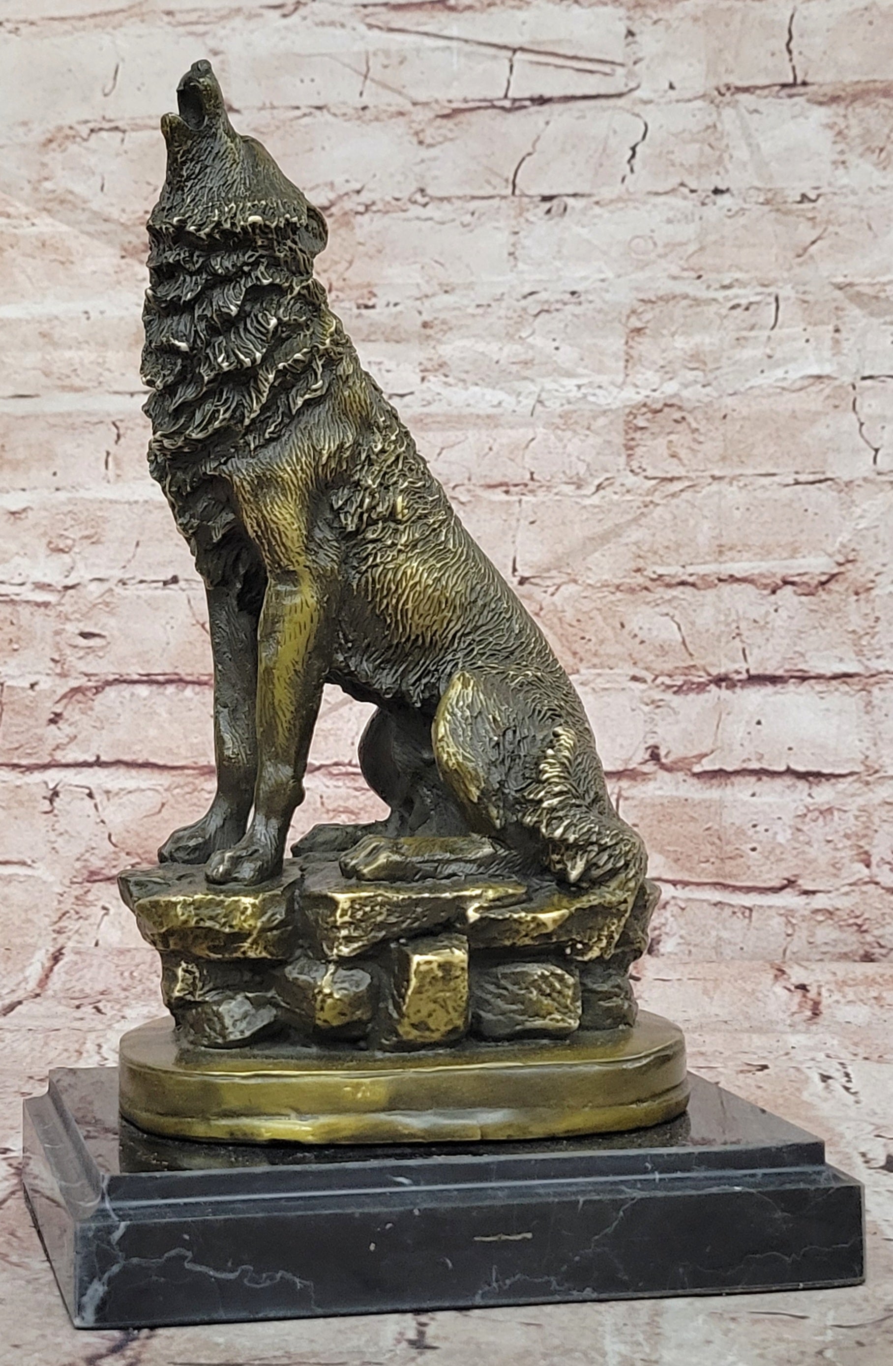 Bronze Howling Wolf Sculpture Signed Barye Wildlife Animal Statue Fine Artwork