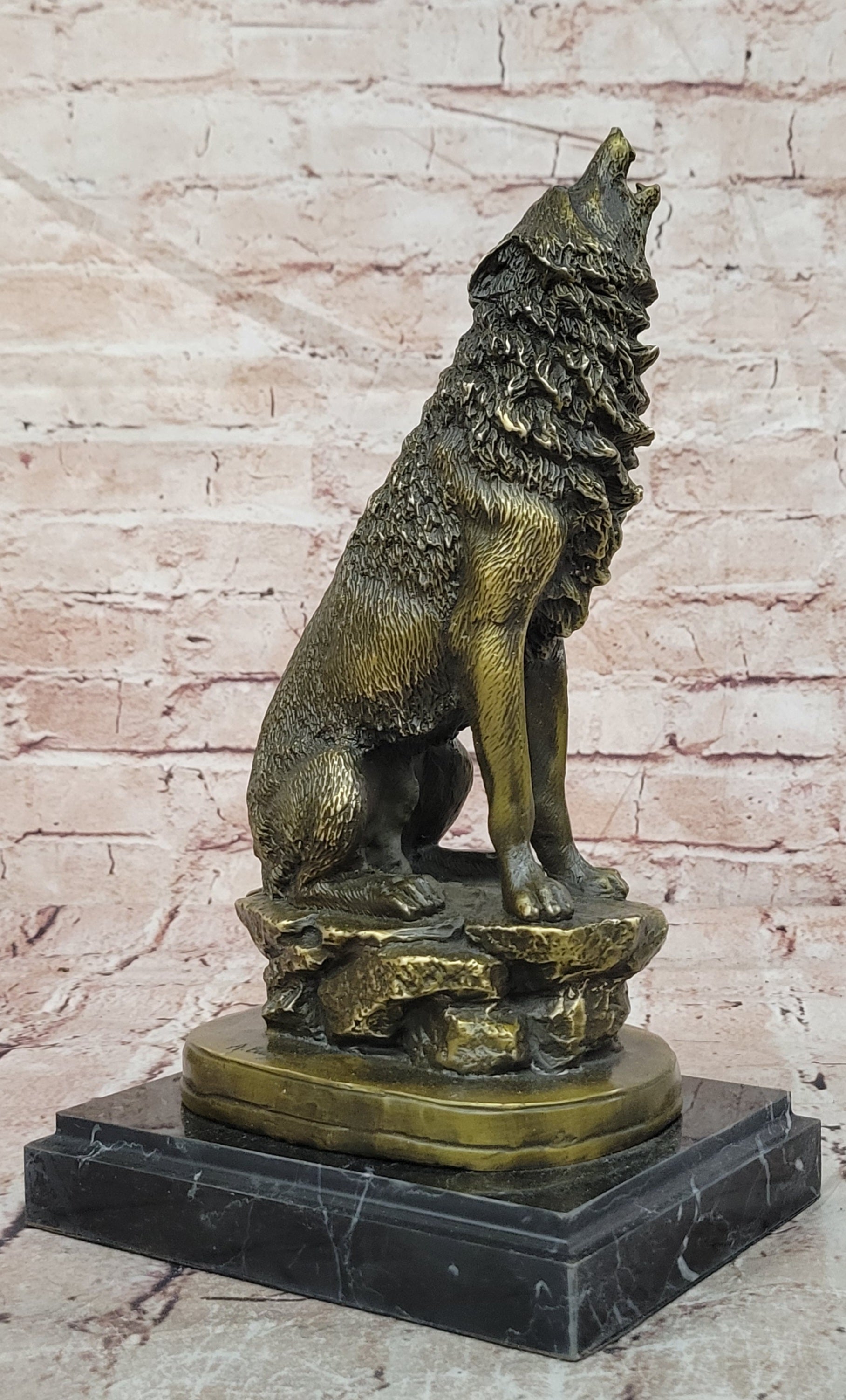 Bronze Howling Wolf Sculpture Signed Barye Wildlife Animal Statue Fine Artwork