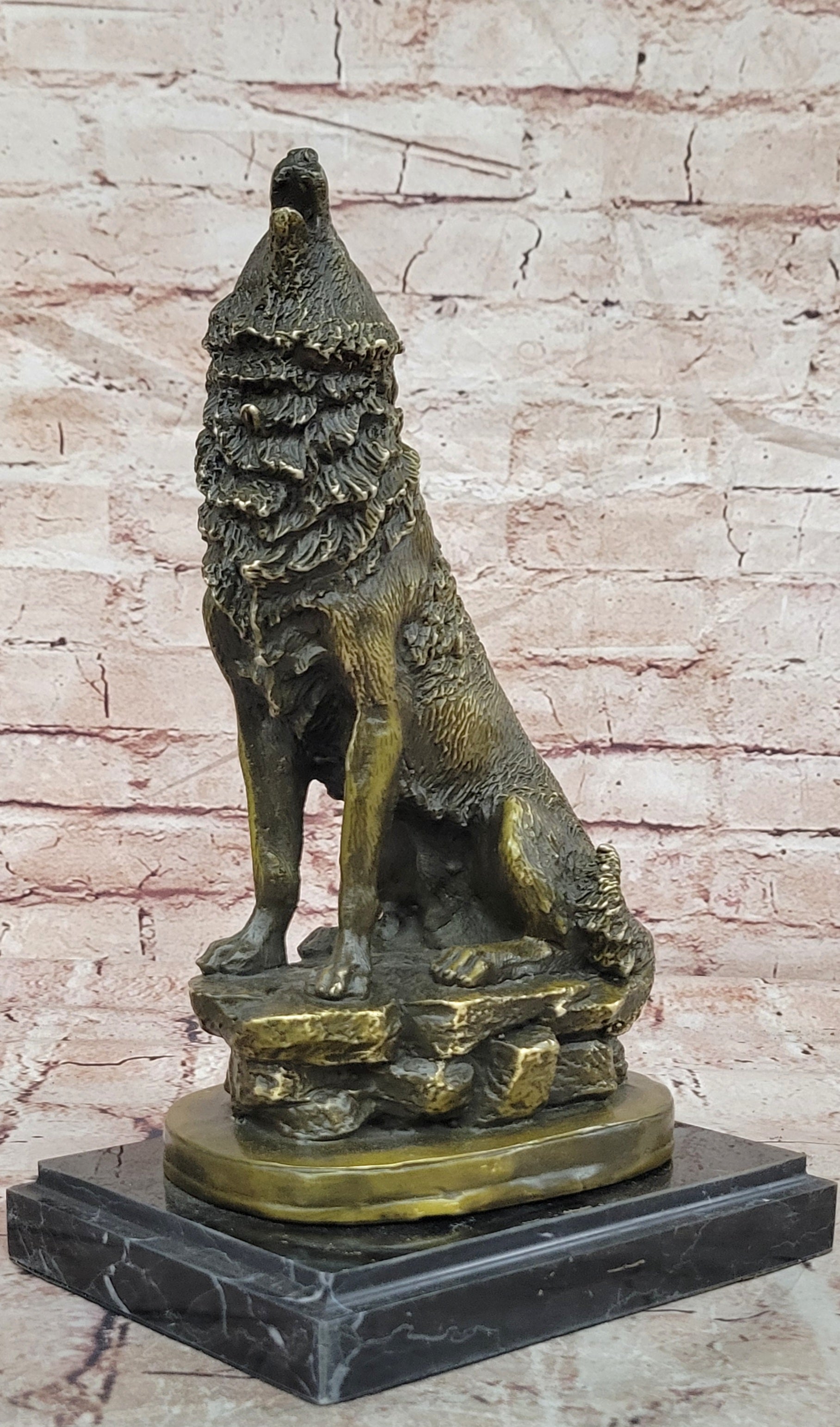 Bronze Howling Wolf Sculpture Signed Barye Wildlife Animal Statue Fine Artwork