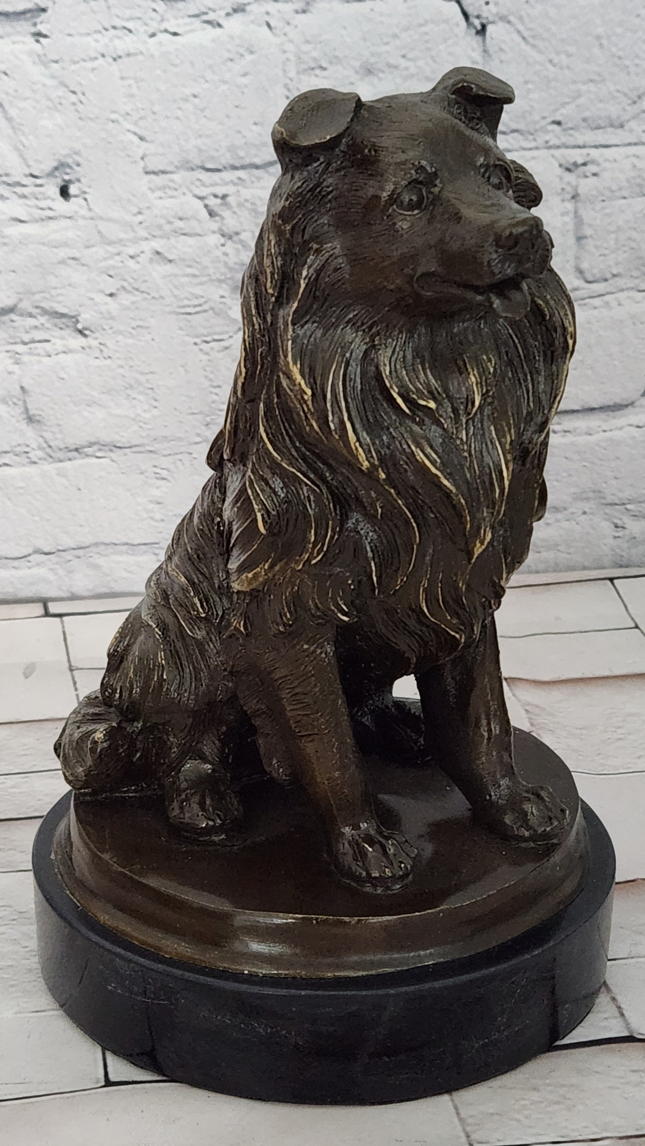 Signed A. Caine Bronze Dog Sculpture Collie Breed Loyal Pet Figurine Art Piece