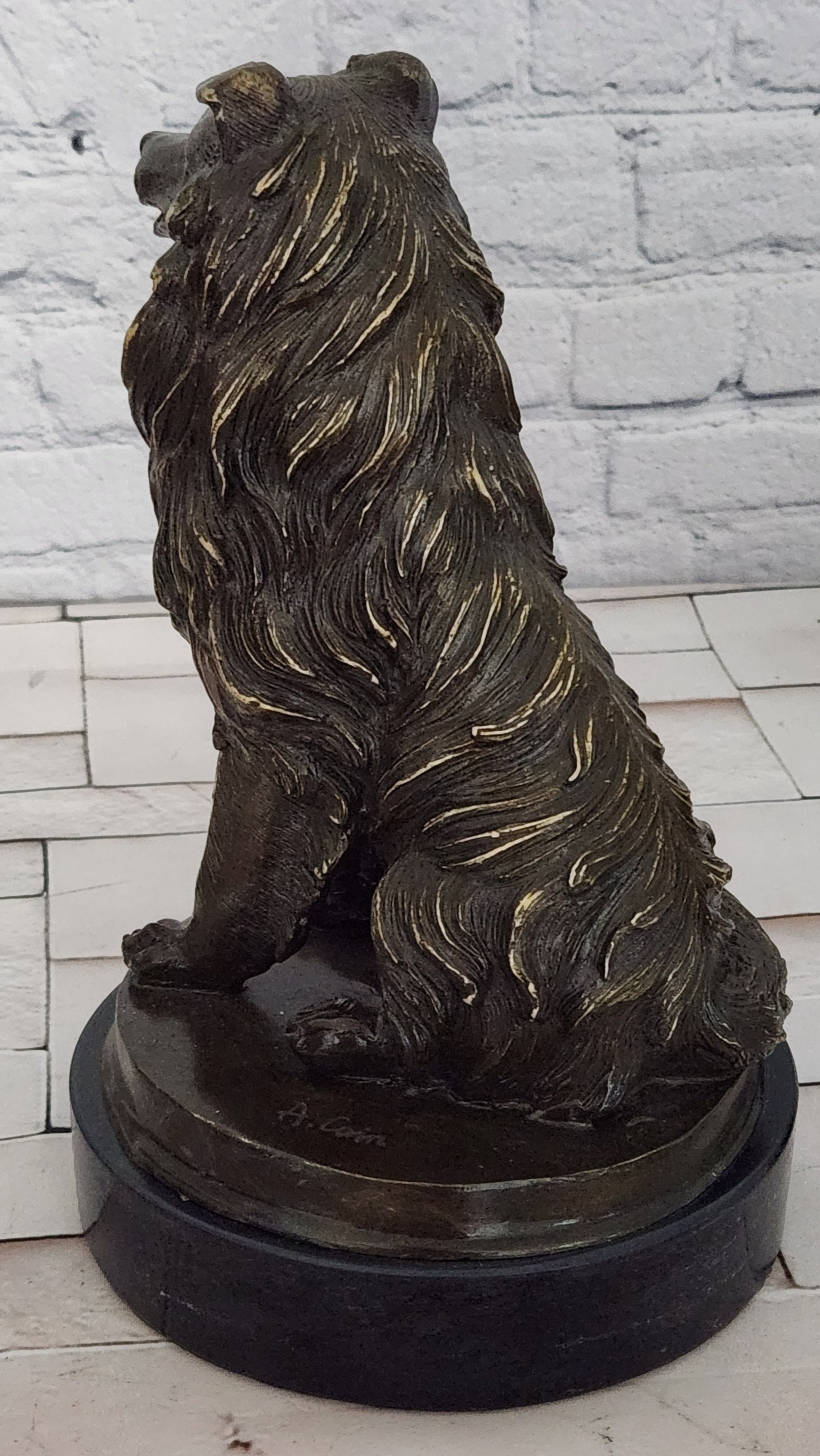 Signed A. Caine Bronze Dog Sculpture Collie Breed Loyal Pet Figurine Art Piece