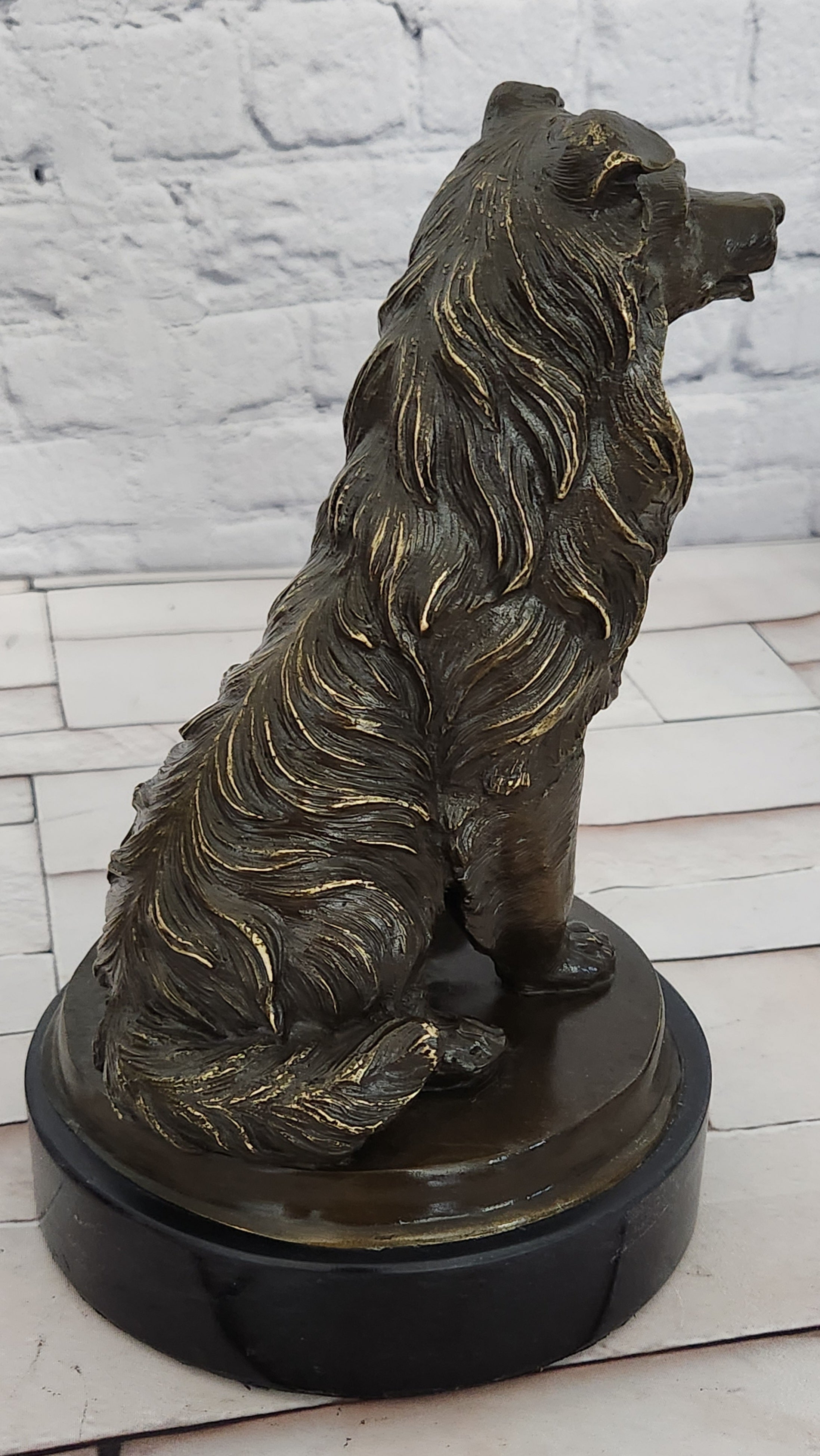 Signed A. Caine Bronze Dog Sculpture Collie Breed Loyal Pet Figurine Art Piece