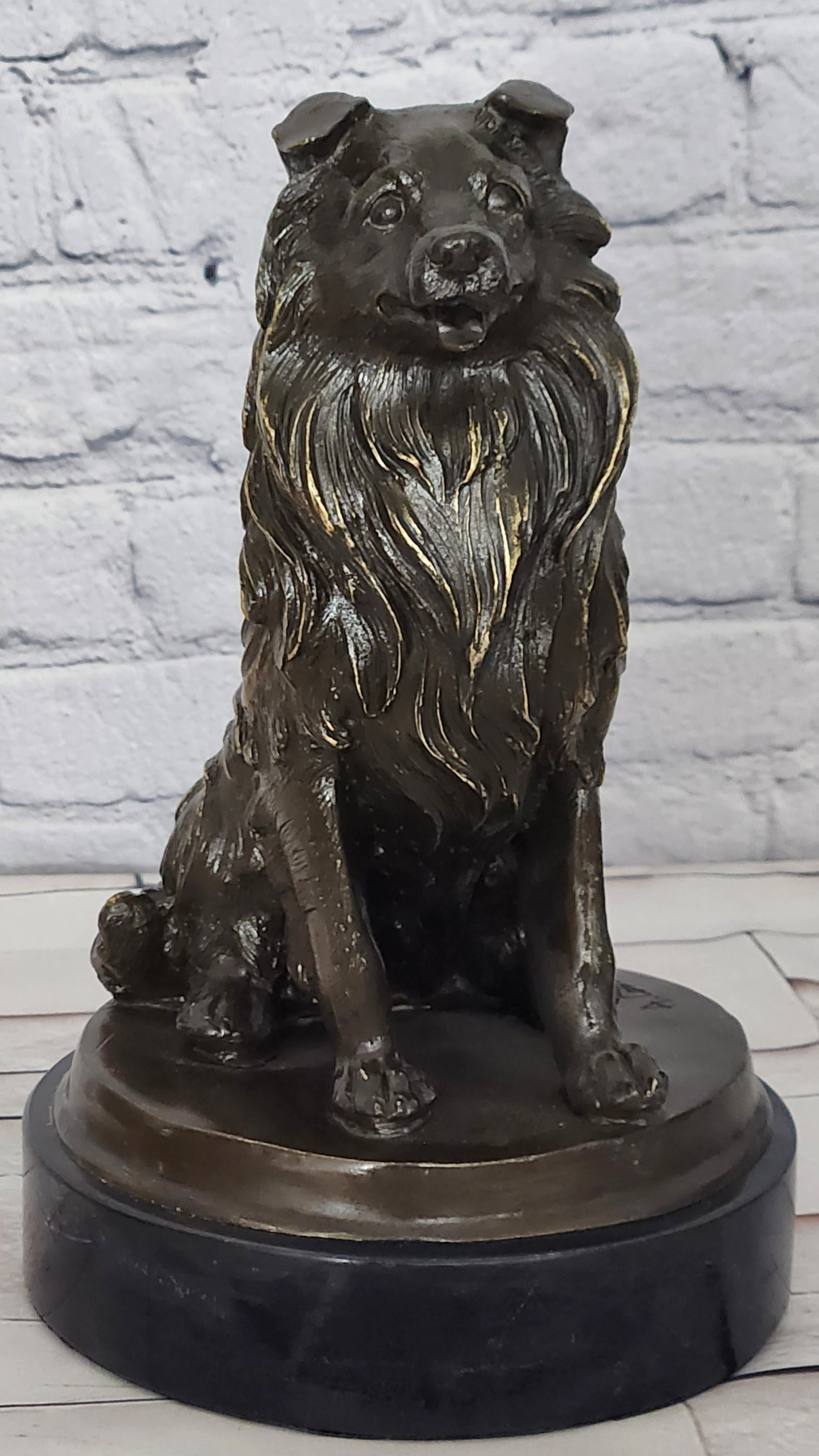 Signed A. Caine Bronze Dog Sculpture Collie Breed Loyal Pet Figurine Art Piece
