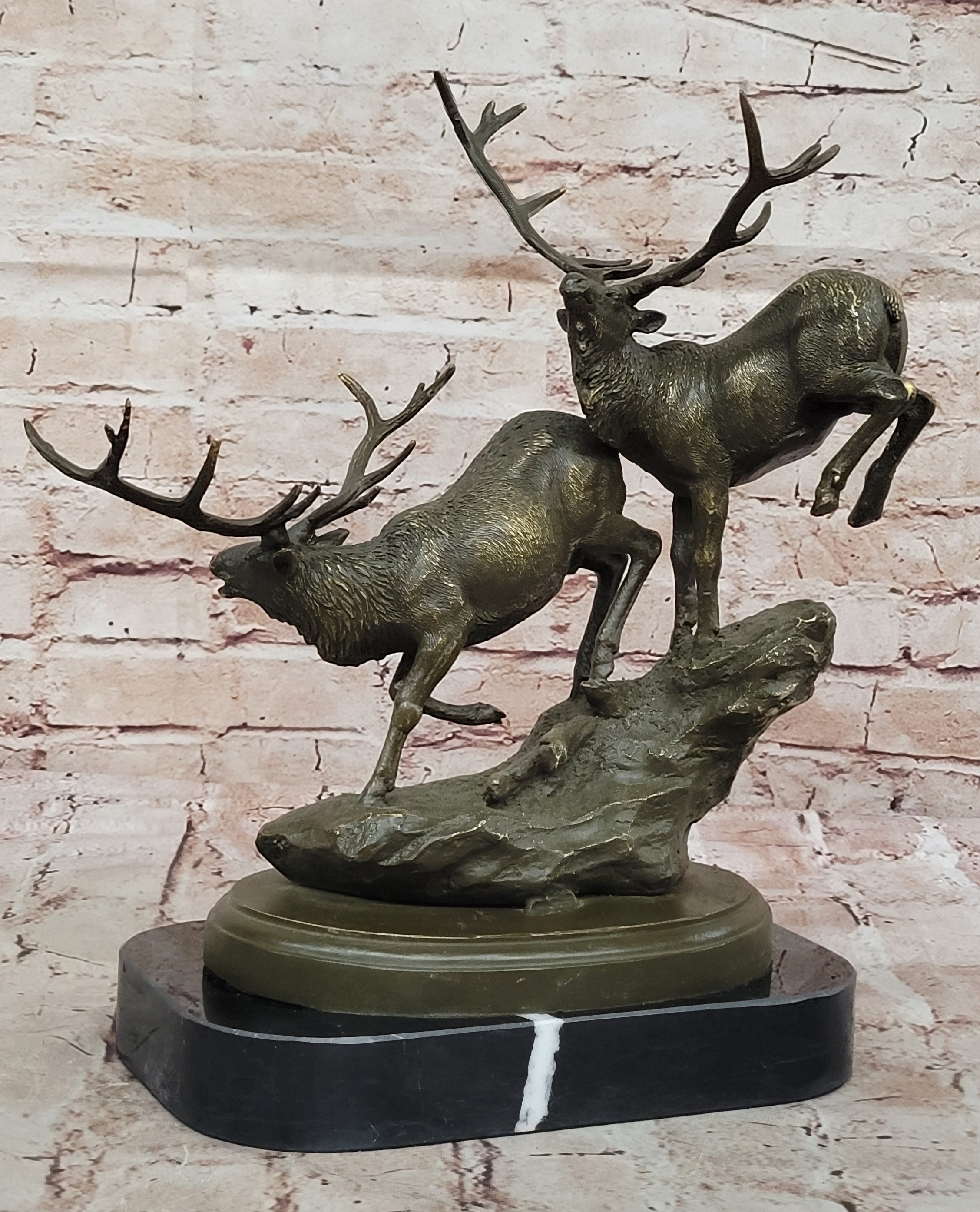 Sportsman Cabin Decor Running Buck Bronze Sculpture Elk Figurine Signed Bugatti Statue