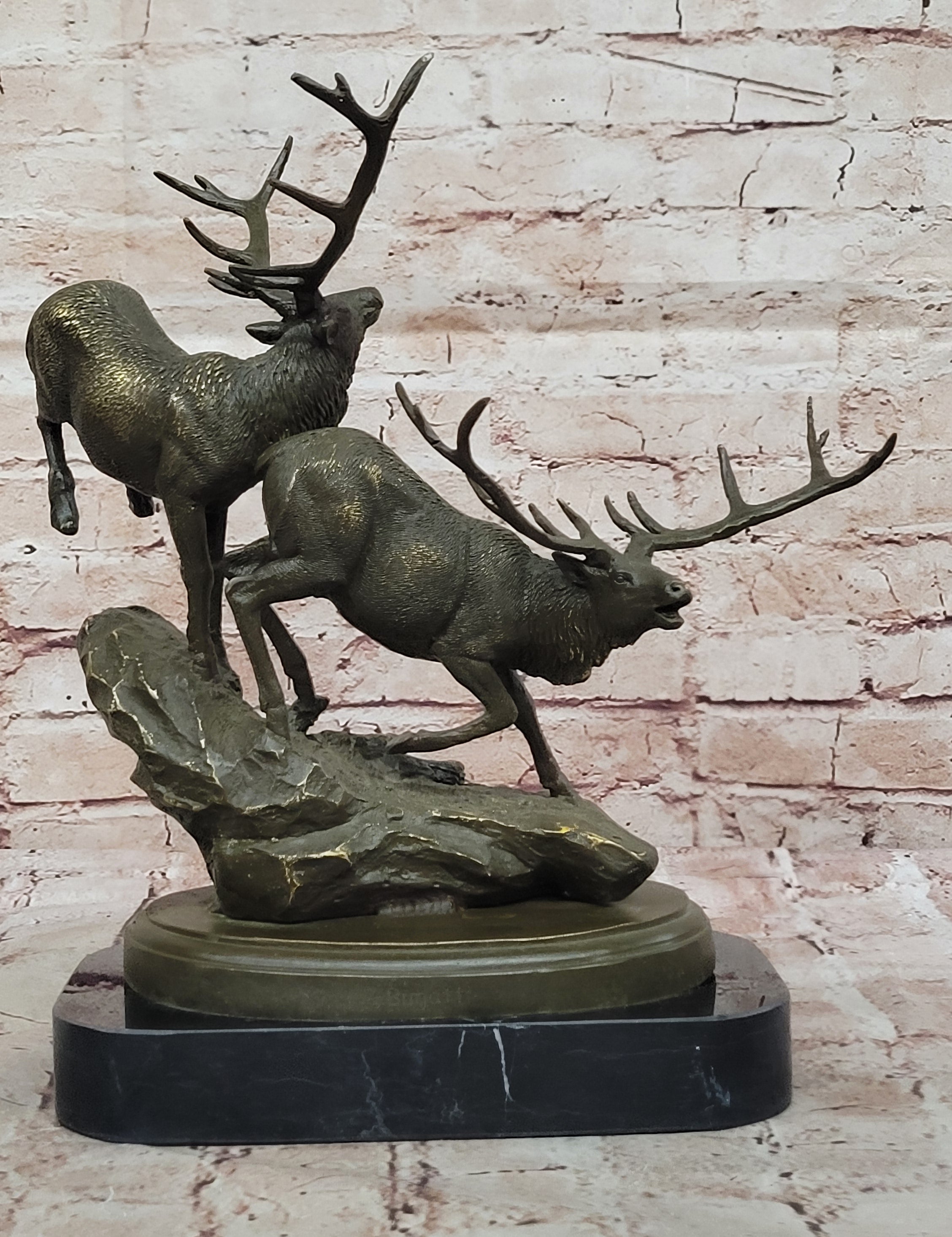Sportsman Cabin Decor Running Buck Bronze Sculpture Elk Figurine Signed Bugatti Statue