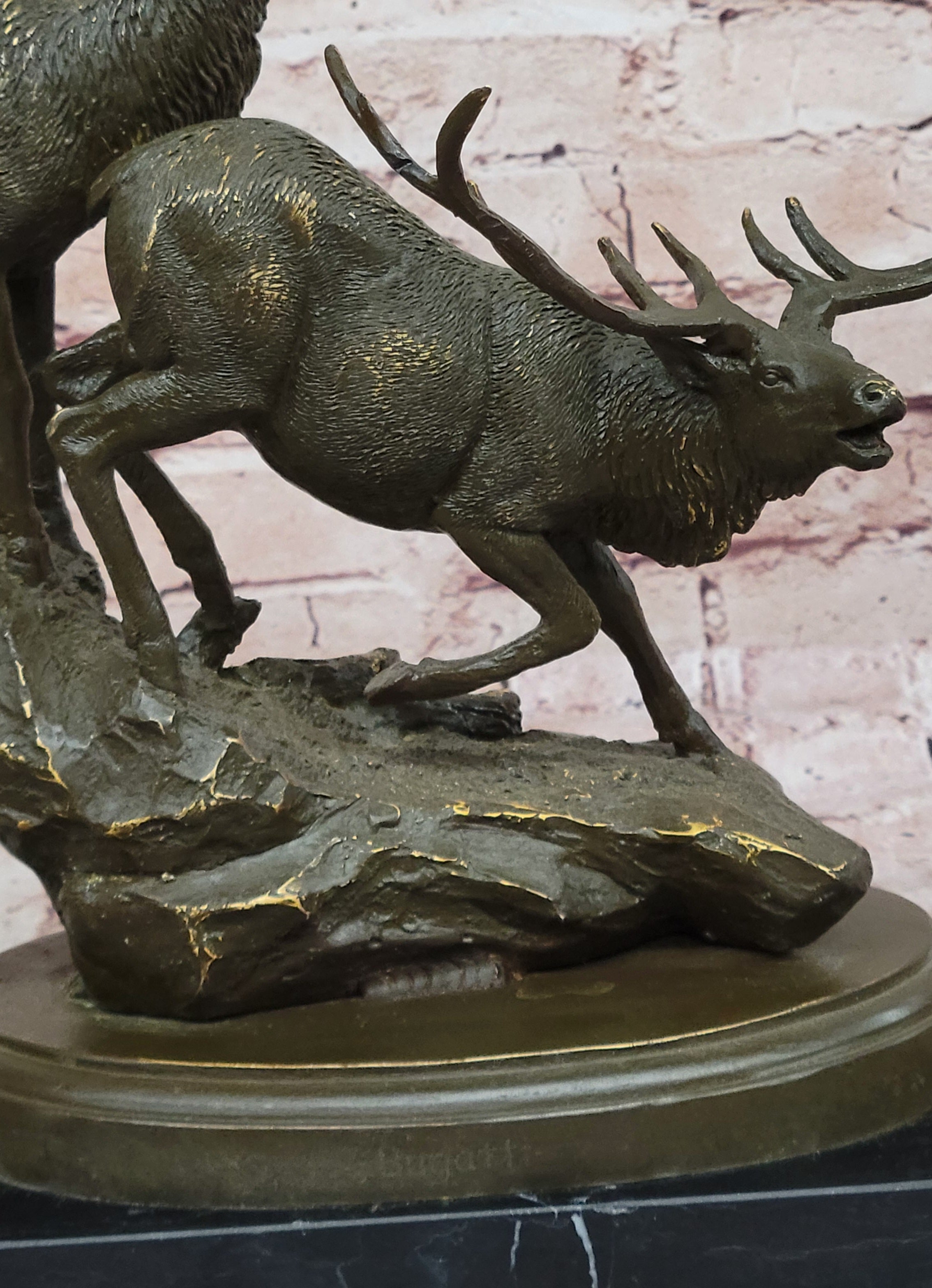 Sportsman Cabin Decor Running Buck Bronze Sculpture Elk Figurine Signed Bugatti Statue