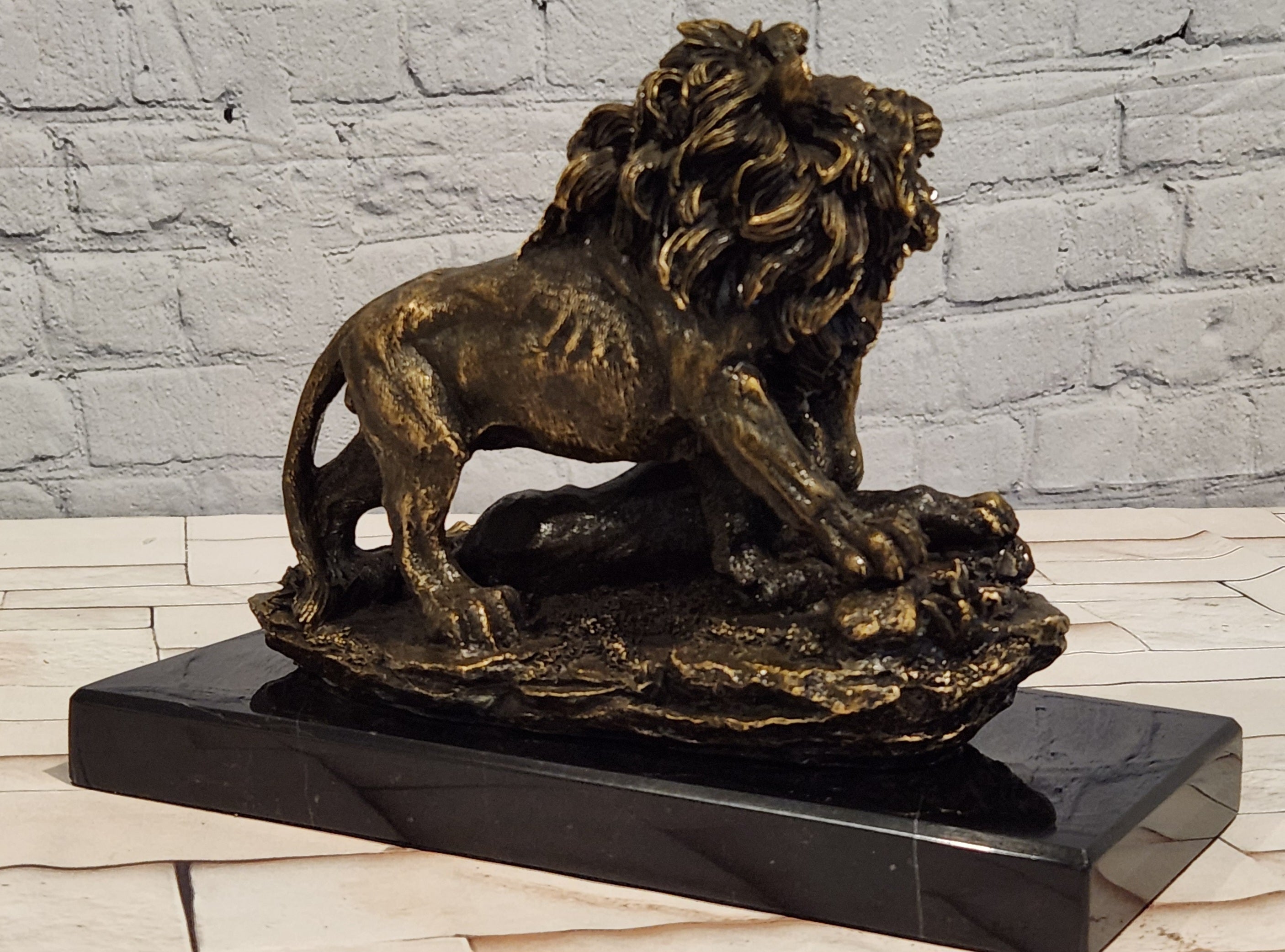 Bronze Lion Couple Figurine Signed A. Barye Wildlife Collectible Sculpture