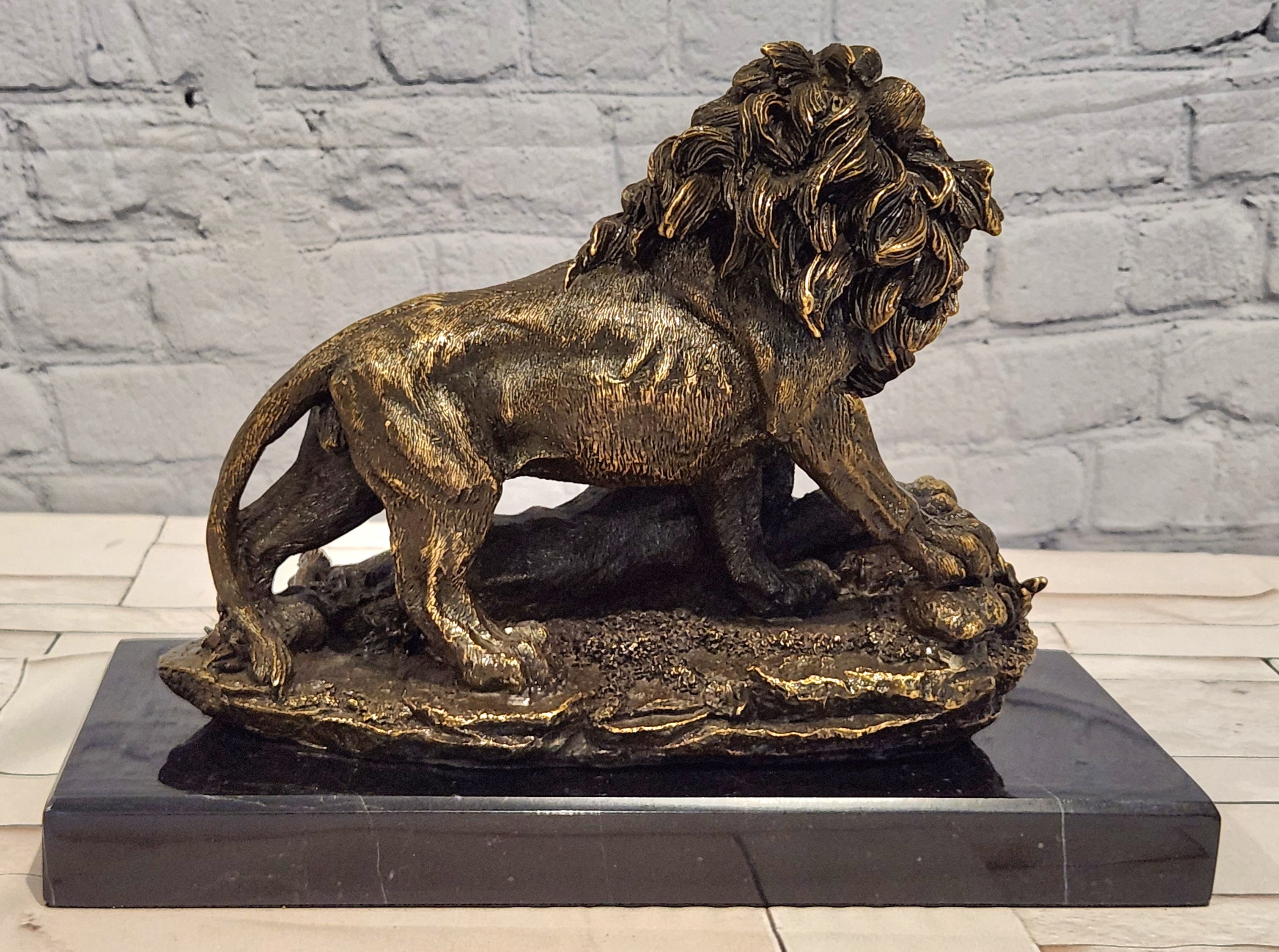 Bronze Lion Couple Figurine Signed A. Barye Wildlife Collectible Sculpture