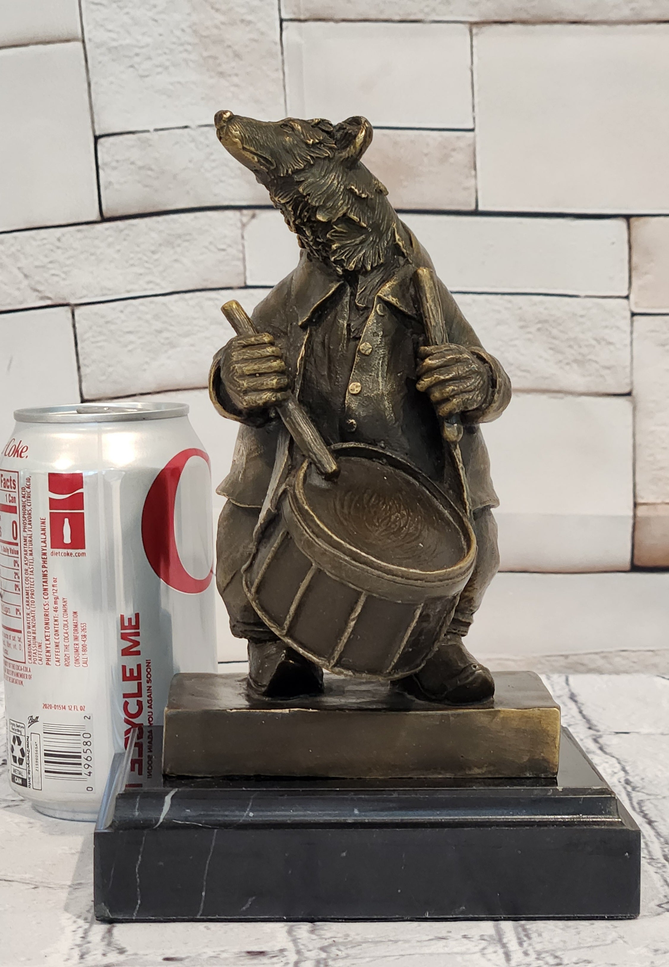 Signed Original Bronze Bear Playing Drum Figurine Musical Animal Art Collectible
