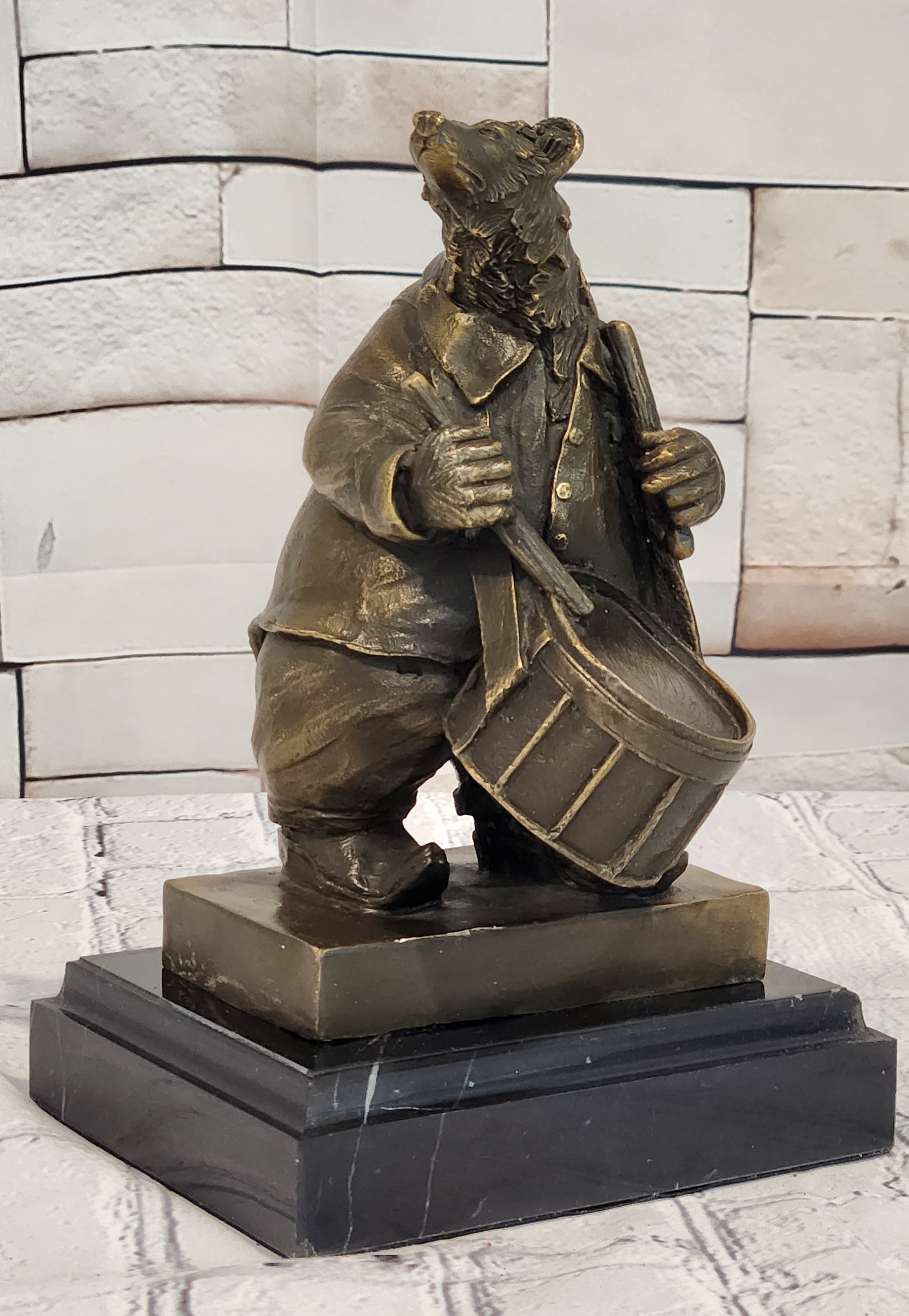 Signed Original Bronze Bear Playing Drum Figurine Musical Animal Art Collectible