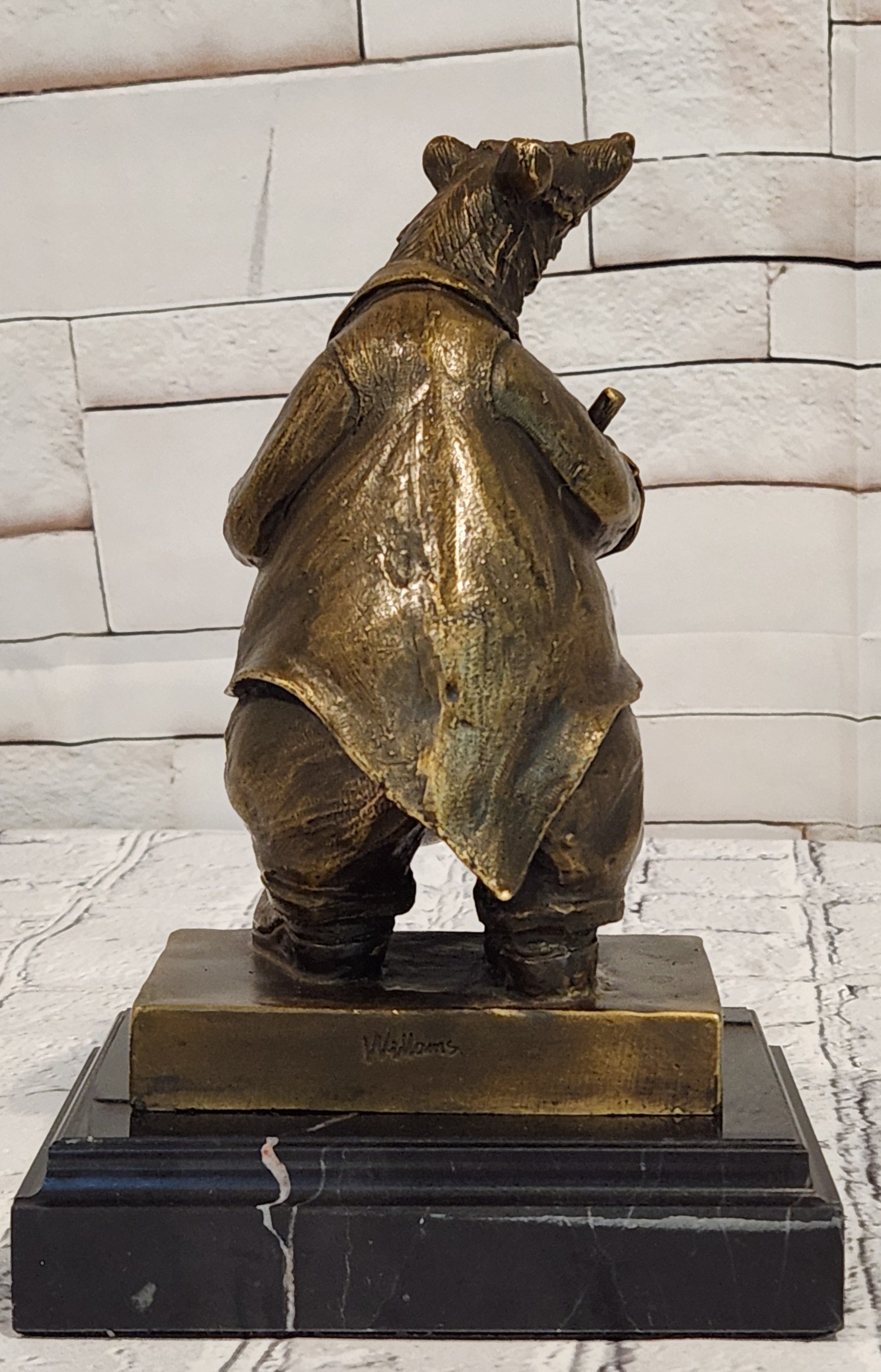 Signed Original Bronze Bear Playing Drum Figurine Musical Animal Art Collectible