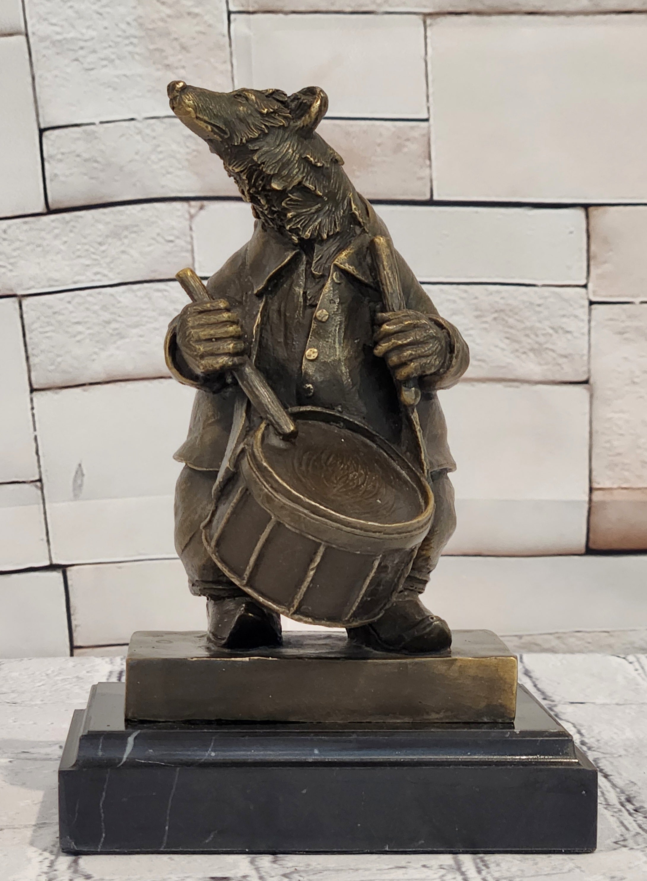 Signed Original Bronze Bear Playing Drum Figurine Musical Animal Art Collectible