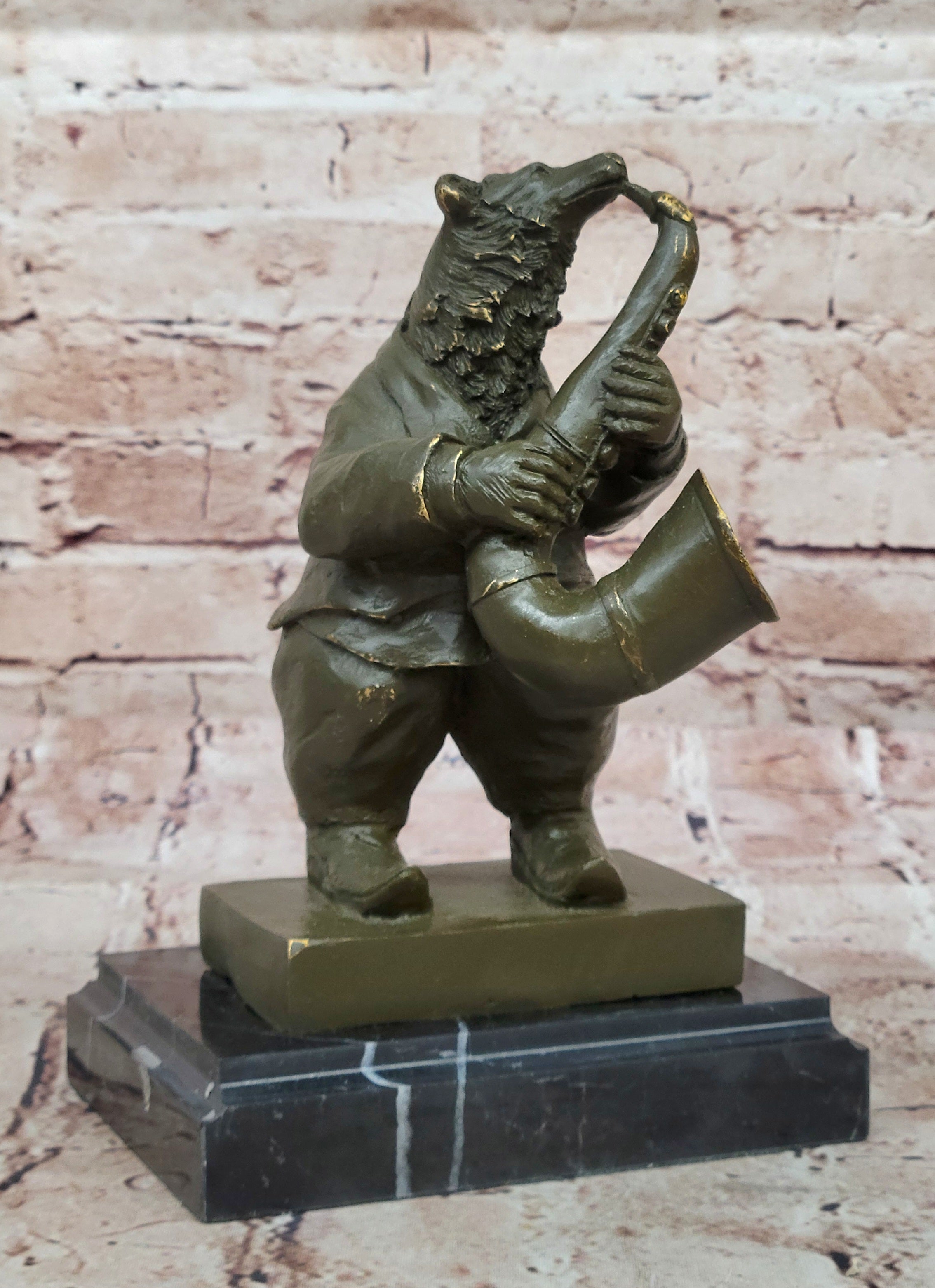 Handcrafted Bronze Bear Musician Statue by Williams Playing Saxophone Animal Sculpture Art
