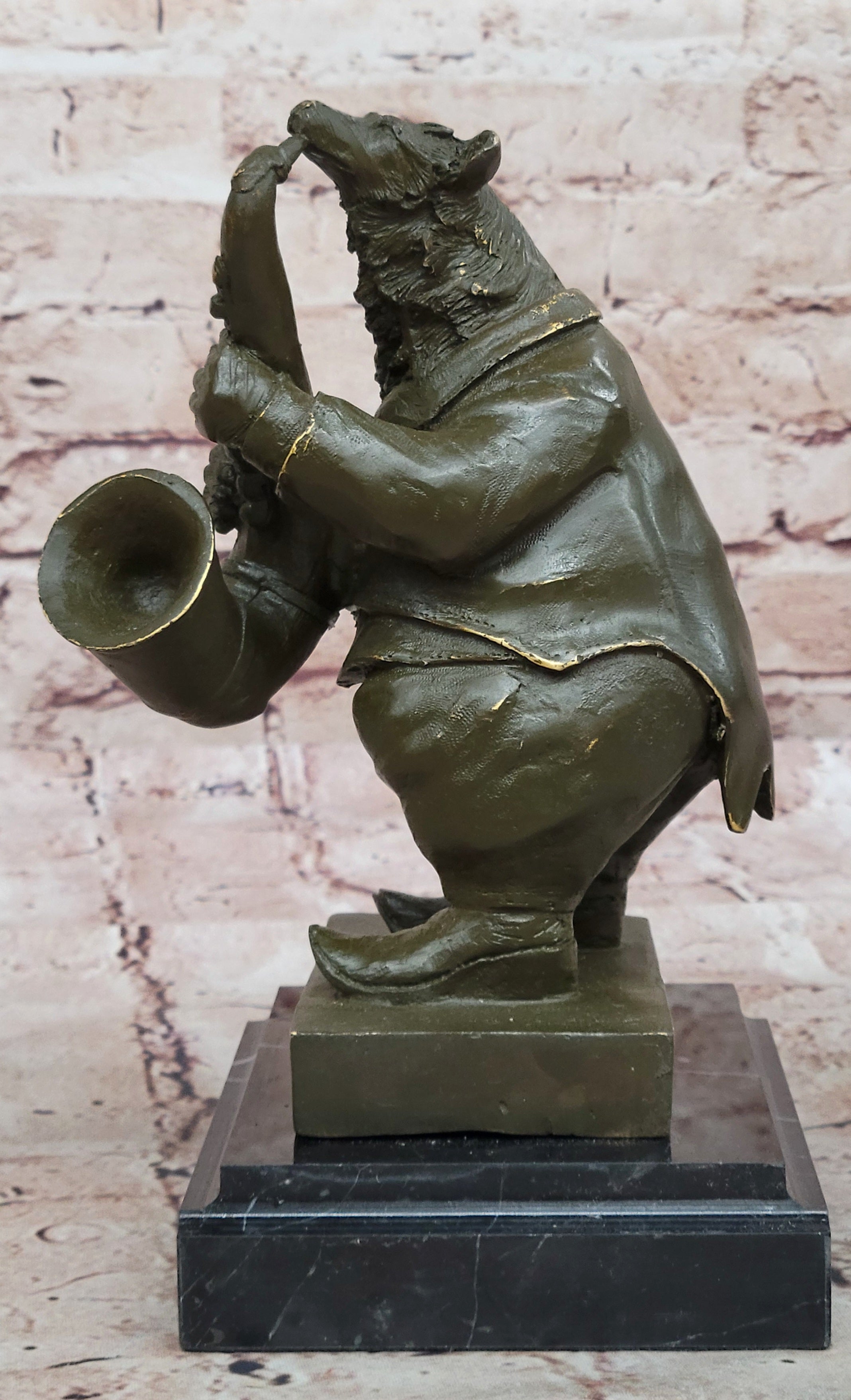 Handcrafted Bronze Bear Musician Statue by Williams Playing Saxophone Animal Sculpture Art