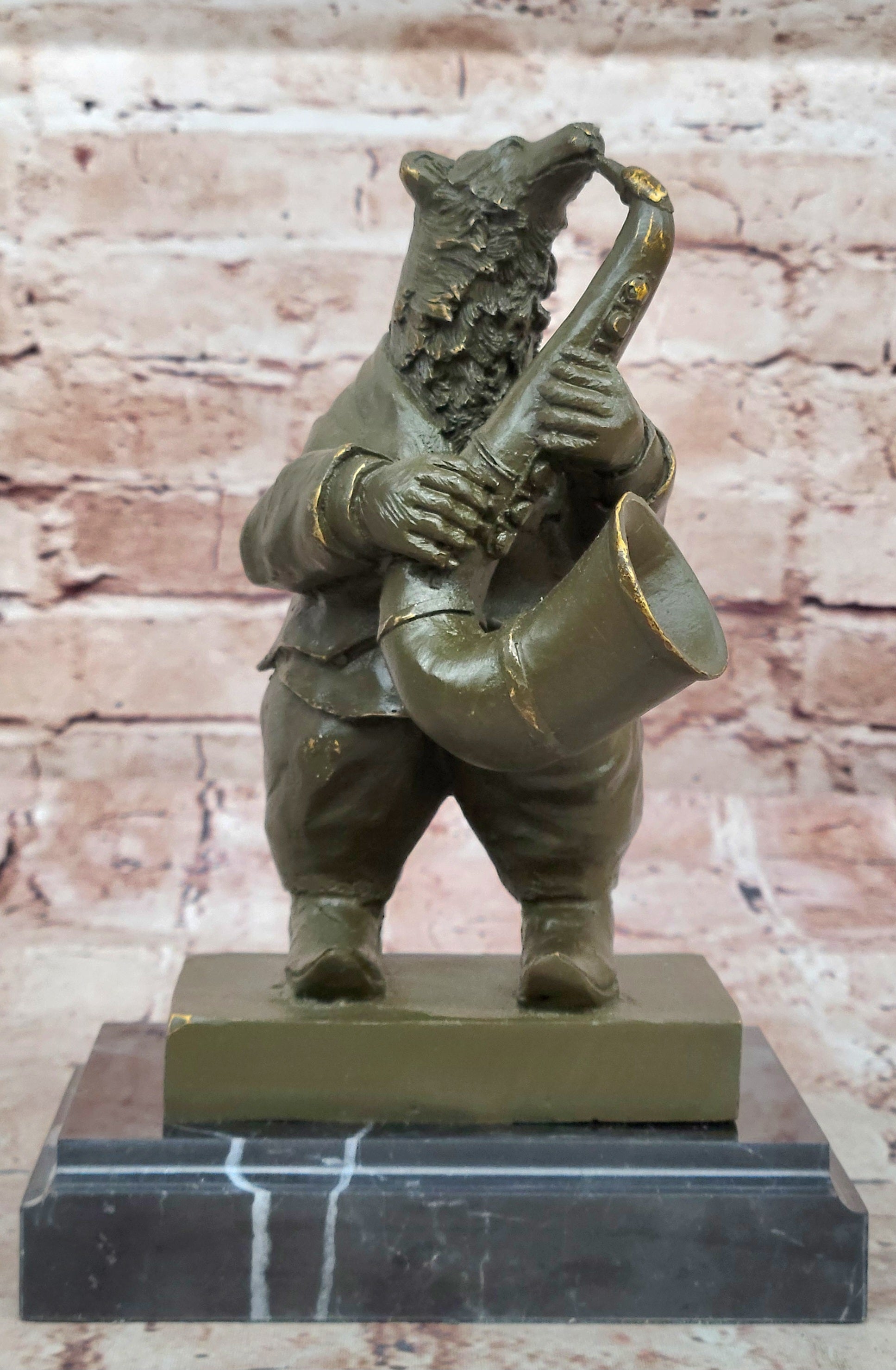 Handcrafted Bronze Bear Musician Statue by Williams Playing Saxophone Animal Sculpture Art