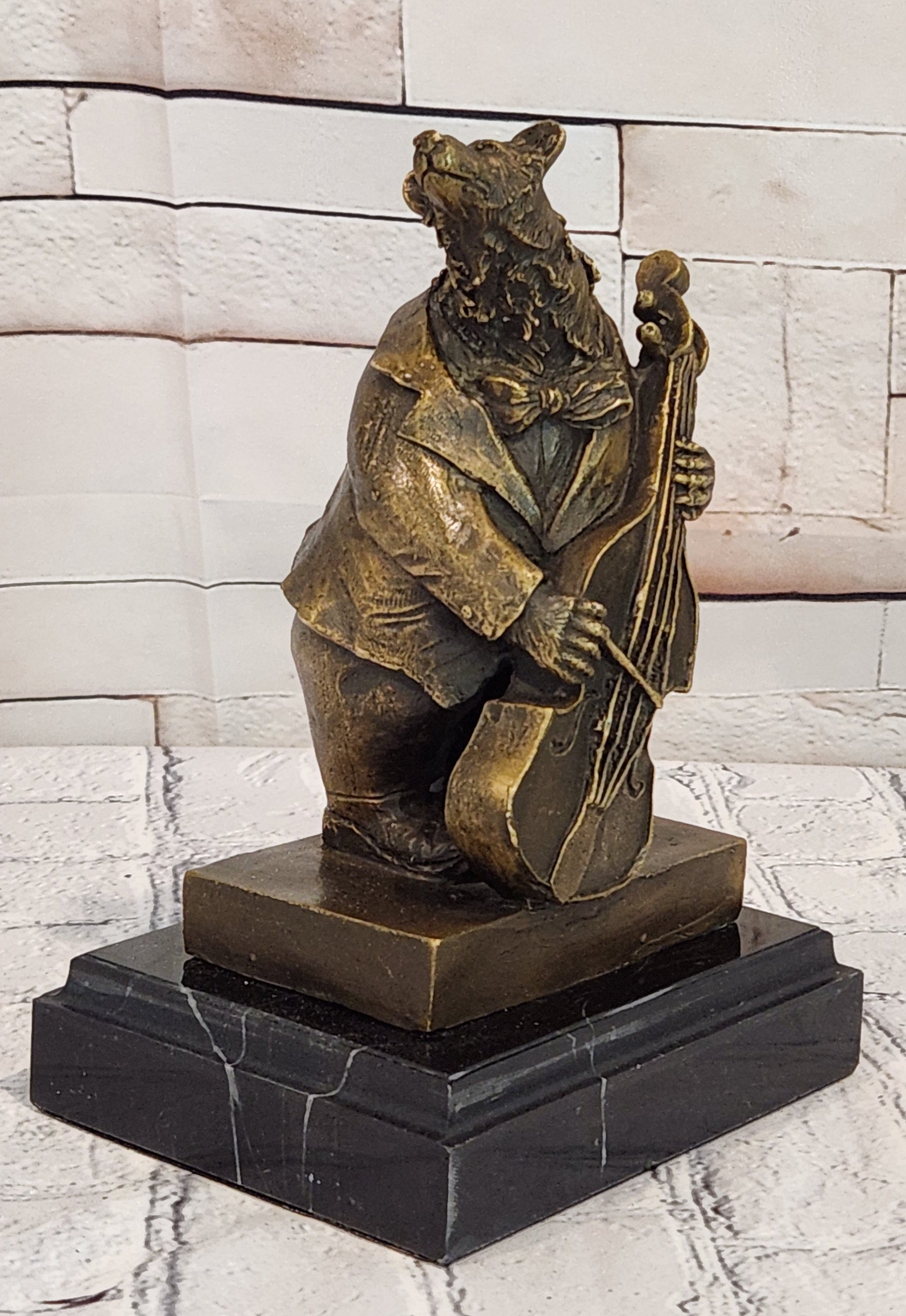 Bronze Bear Cellist Sculpture Signed Williams Music Animal Art Collectible Decor