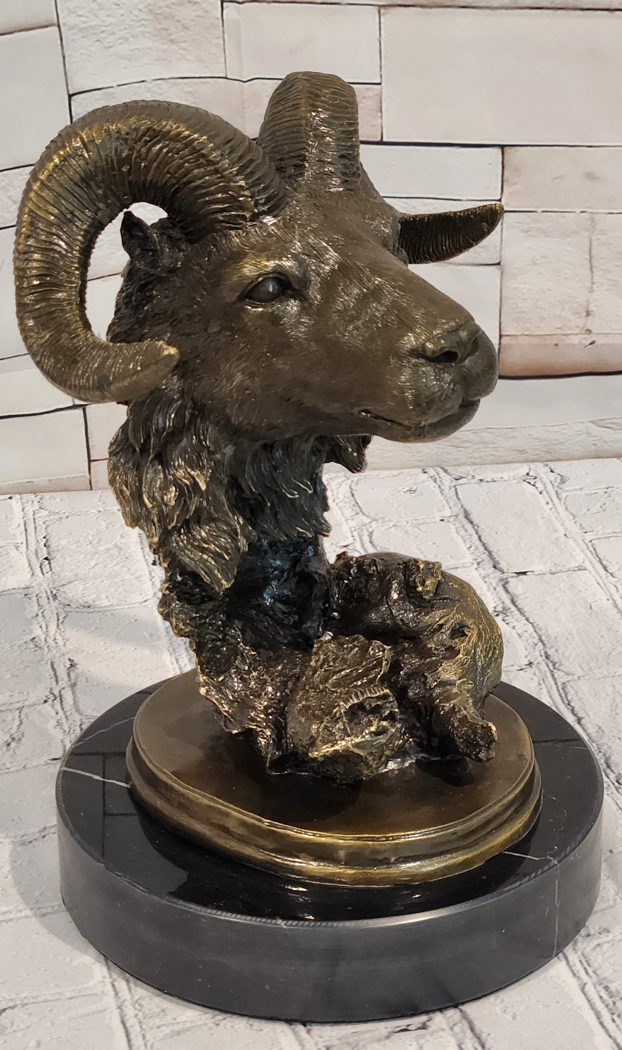 Signed Milo Bronze Ram Head Sculpture Marble Base Animal Collectible Artwork